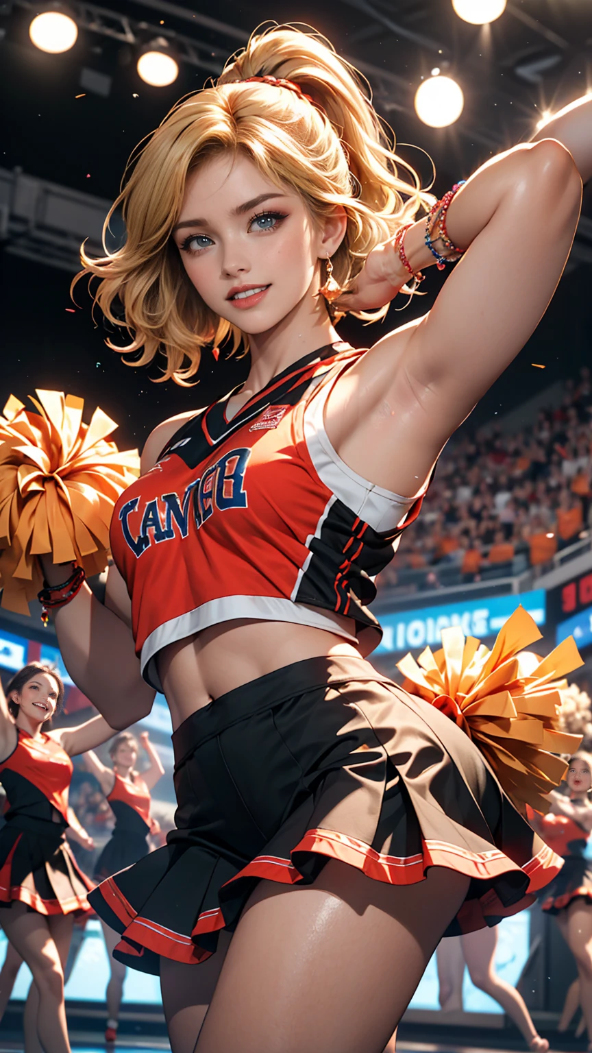 ((最high quality, 8K, masterpiece: 1.3, Ultra HD, high quality, 最high quality, High resolution, realism)) 、A 22-year-old extremely beautiful white woman、Hair color blonde、blue eyeedium Hair、Straight Hair、smile、Slender but well-proportioned body、Athlete-like body type、I want my head to stay off screen、Wearing accessories on the wrist、Put an anklet on your ankle、Wearing red nail polish、I have a peticure、Being a cheerleader、Holding pom-poms and waving both hands in the air, they dance the cheer dance、looks fun、Lively、View your viewers