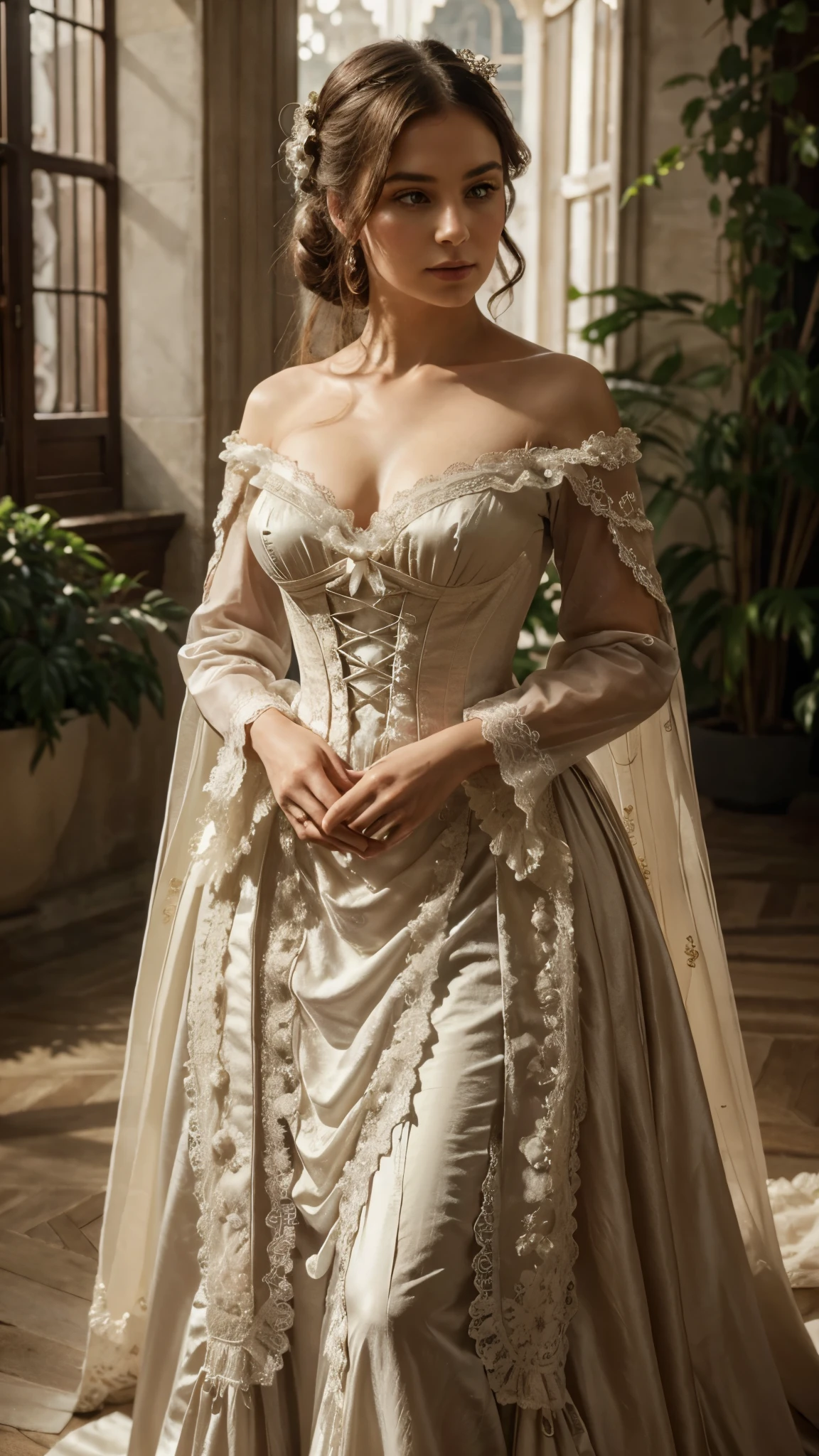 Dressed in a magnificent Victorian gown, every lace and ribbon detail highlights her timeless beauty, adding a touch of elegance and refinement to her presence. The ultra-realistic quality of the image, captured in 8k HD, allows you to appreciate every fold of the dress, every shadow and every ray of light that illuminates this dreamlike setting. This snapshot not only captivates with her beauty, but also transports the viewer to a world of mystery and splendor, where the model reigns as a true goddess of Victorian elegance.