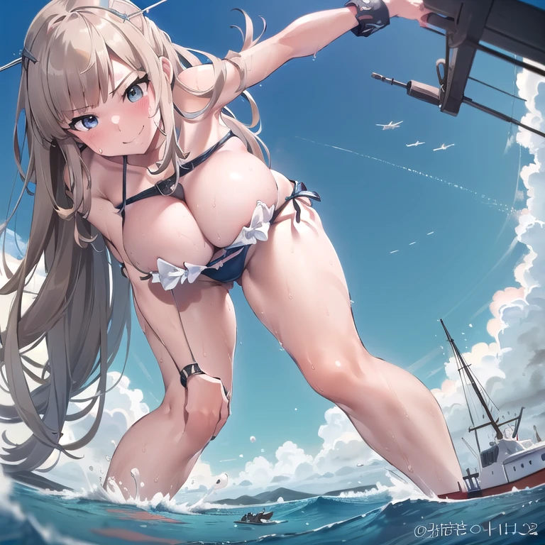 ((giantess)), 1 rapariga, (((((huge breast)))), Girl Swimming, ((Breast larger than the head), ((She&#39;s got  on a very small boat.), maryland_kantaicollection, (((Very big giantess swimming in the sea))), A very small boat is sinking, The girl who sinks a very small boat, ((Girl in bikini)), A girl in a revealing swimsuit, mature body, Ocean, Very small toy ship, ocean background, Big cleavage, (((A girl bigger than the Pacific Ocean))), ((Wicked Smile)), Pleasure, Long legs, big assa, Sweat, Falling sweat, giga giantess, blue sky, (big ass), Deep cleavage, Great impact, anime, from below, from below, from below, from below, from below, from below, best quality, masterpiece, highres