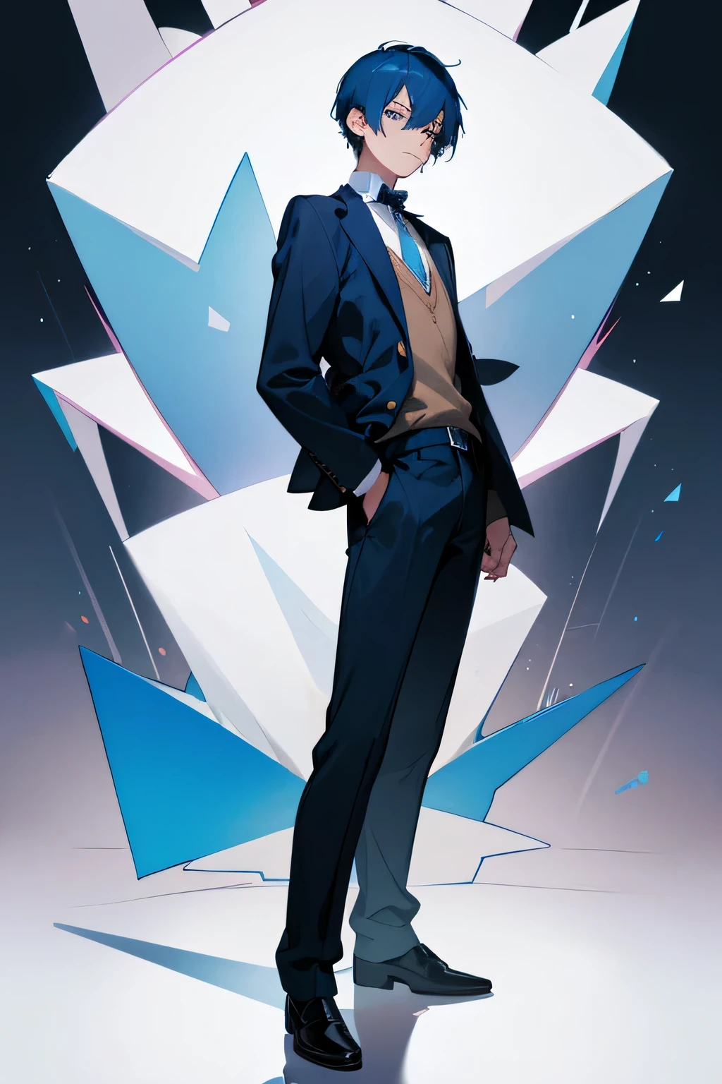 Please play the role of a young man with short blue hair and wearing a school uniform, with a nervous expression and a long shot, standing up straight.