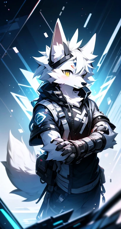 cyber punk perssonage,epcot,Tech style,solo person,White body,White ears,White hair,Overall white,Orange-yellow eyes,Wolf tail,Wolf orcs,Young,Wear a short-sleeved shirt,Ultra-clear screen,Soft lines