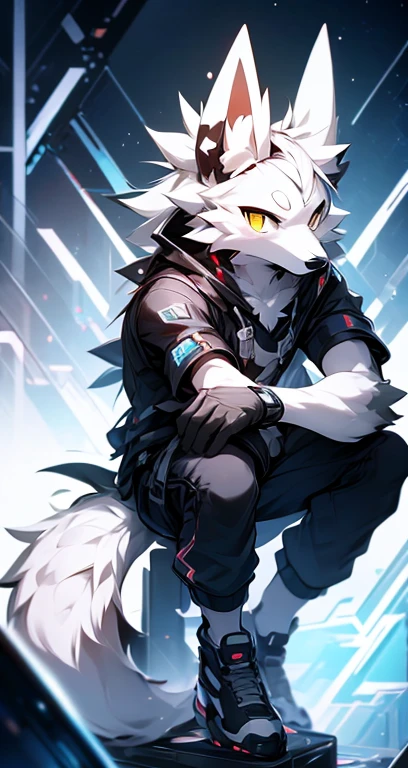 cyber punk perssonage,epcot,Tech style,solo person,White body,White ears,White hair,Overall white,Orange-yellow eyes,Wolf tail,Wolf orcs,Young,Wear a short-sleeved shirt,Ultra-clear screen,Soft lines