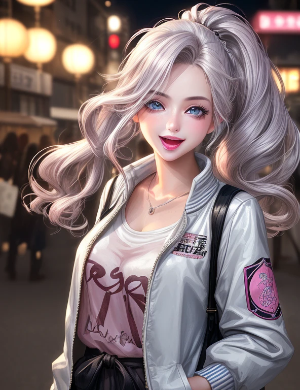Urban beautiful girl college student, masterpiece, light makeup, pink lips, silver hair, messy long hair, street background, beautiful, elegant. super fine details, master works, authentic texture, cinematic lighting realism, perfect job, 16K, hd, exquisite features,blue eyes、japanese idol、Beautiful Face、cute smile,、brown hair、beautiful hair、ponytail、glamorous,baseball jacket, open mouth and smile