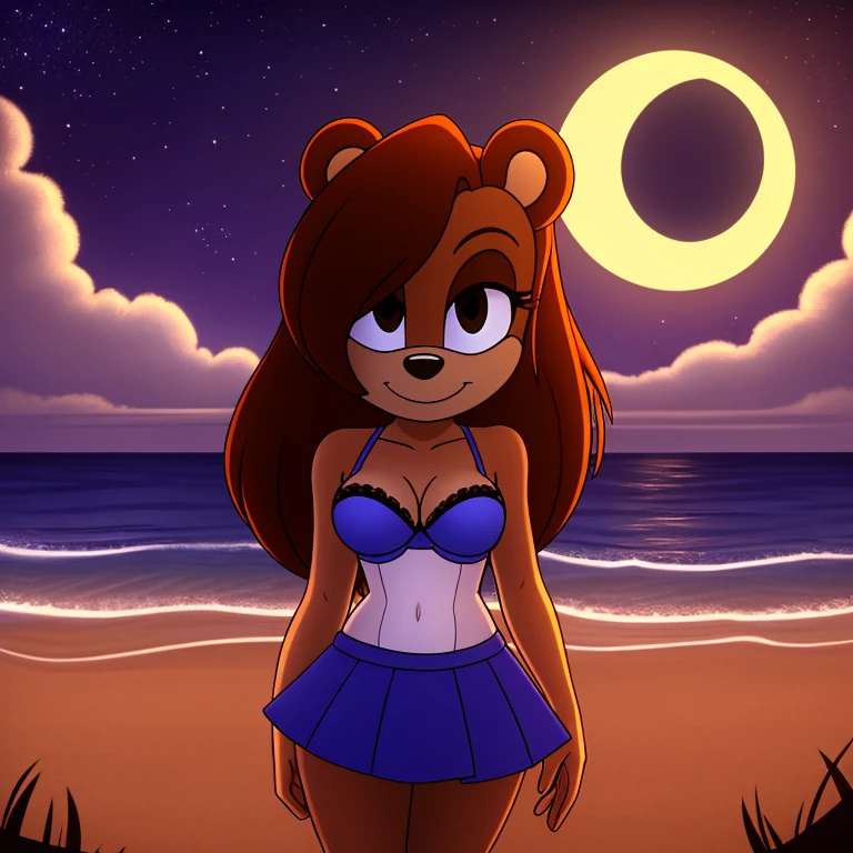 mobian bear, brown hair, brown eyes, black hair, black fur, straight hair, long hair, female, medium breasts, ocean, female, 1girl, portrait, standing, nightgown, strapless bra, cleavage, white long skirt, transparent skirt, dominant female, smile, shore, frilled underwear, night, moon, stars, ghost, transparent body, psychedelic background, Masterpiece, high quality, studio quality, intricate details, 4k, solo