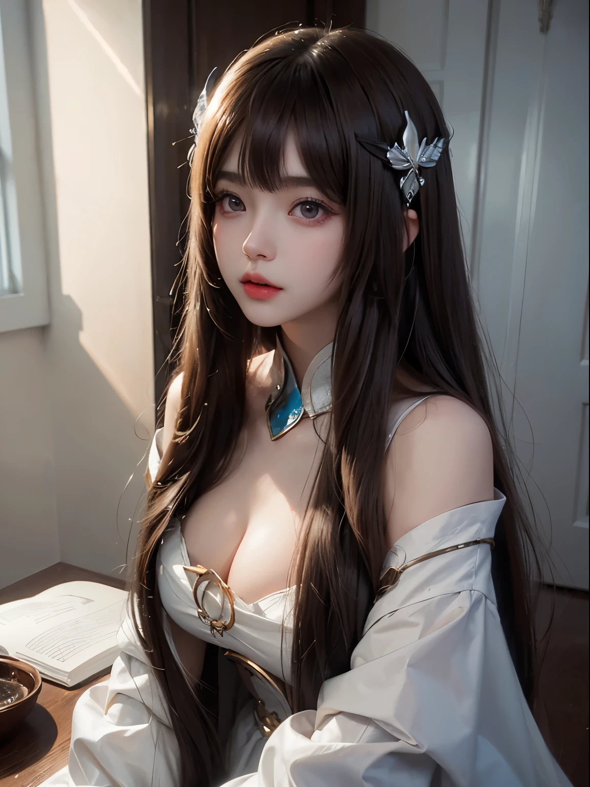 long brown hair、smooth straight hair、Big eyes with bangs and eyeliner.、Nordic youth、perfect shape、Plump breasts、chop、Very beautiful and lovely.、white muscles、Glowing skin、Young and beautiful skin、Perfect and beautiful little face、glossy makeup、Some pink lip gloss、girl、lipstick、Deceptive advertising、{steam}、Viewer's perspective、Atmosphere view of Primetime Lightokeh、film light details、complicated details、High resolution、 Detailed features of face design、Highly detailed、Clear focus、Smoothness、aesthetics、print、Octane Render、{{Masterpiece}}