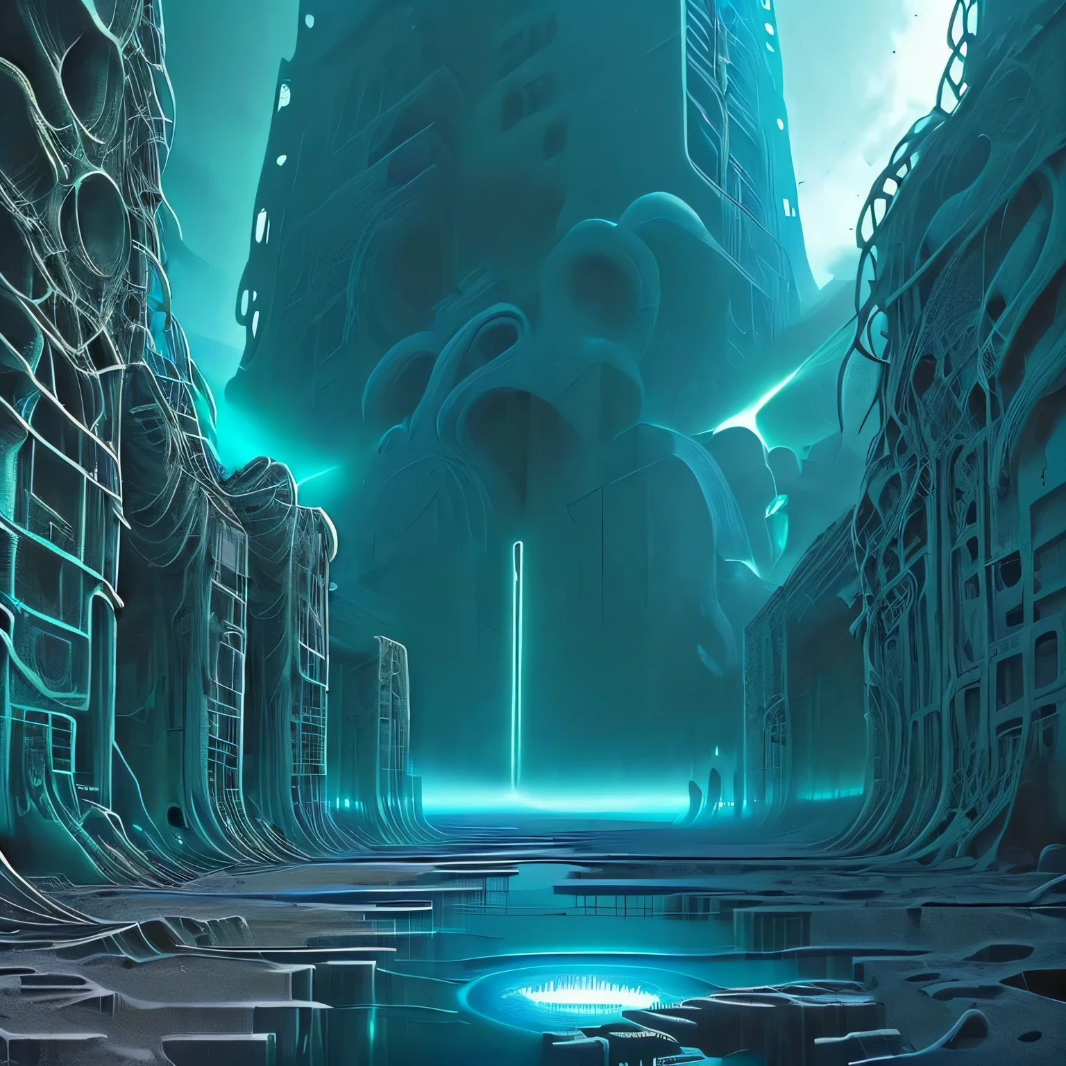 A girl wanders through strange ruins of buildings and glowing technology