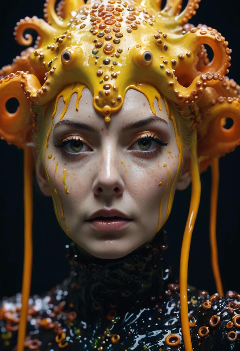 8K, ARTISTIC photogrAphy, best quAlity, mAsterpiece: 1.2), A (potrAit:1.2) witch BLOOD Toon Doll Cthulhu nun QUEEN, ORANGE many octopus style tentacles, full body RAW candid cinema, yellow hair, 16mm, color graded portra 400 film, remarkable color, ultra realistic, sad admosphere, dark lighting, oppressive atmosphere, depressive colors, kodak portra 400, photograph,r, Natural Light, Pinhead lighgts, blur reflection, Brush Strokes, Smooth, abstract, Splatter, Oil On Canvas, rainbow colors, fractal isometrics details bioluminescens : a stunning realistic photograph of wet bone structure, 3d render, octane render, intricately detailed, titanium decorative headdress, cinematic, trending on artstation | Isometric | Centered