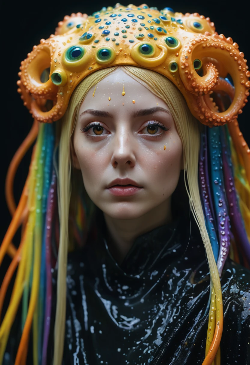 8K, ARTISTIC photogrAphy, best quAlity, mAsterpiece: 1.2), A (potrAit:1.2) witch BLOOD Toon Doll Cthulhu QUEEN, RAINBOW many octopus style tentacles, full body RAW candid cinema, yellow hair, 16mm, color graded portra 400 film, remarkable color, ultra realistic, sad admosphere, dark lighting, oppressive atmosphere, depressive colors, kodak portra 400, photograph,r, Natural Light, Pinhead lighgts, blur reflection, Brush Strokes, Smooth, abstract, Splatter, Oil On Canvas, rainbow colors, fractal isometrics details bioluminescens : a stunning realistic photograph of wet bone structure, 3d render, octane render, intricately detailed, titanium decorative headdress, cinematic, trending on artstation | Isometric | Centered