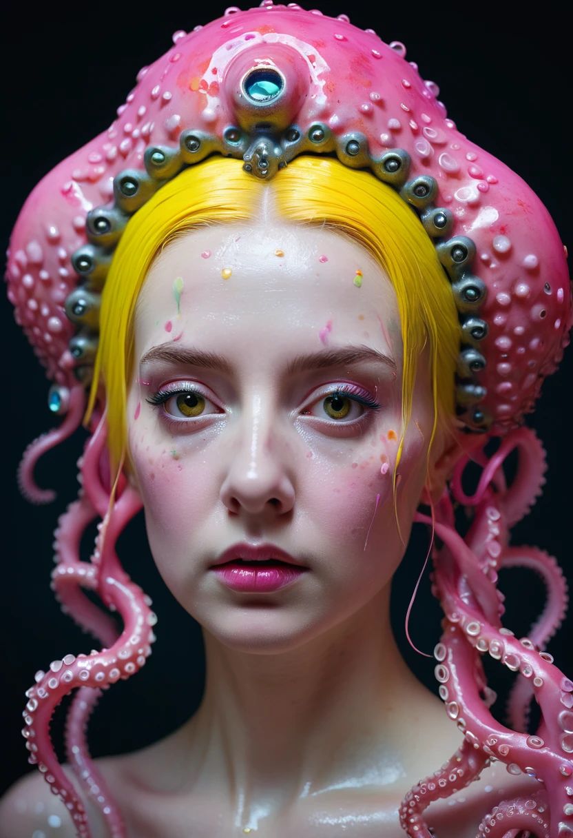 8K, ARTISTIC photogrAphy, best quAlity, mAsterpiece: 1.2), A (potrAit:1.2) witch BLOOD Toon Doll Cthulhu nun QUEEN, PINK many octopus style tentacles, full body RAW candid cinema, yellow hair, 16mm, color graded portra 400 film, remarkable color, ultra realistic, sad admosphere, dark lighting, oppressive atmosphere, depressive colors, kodak portra 400, photograph,r, Natural Light, Pinhead lighgts, blur reflection, Brush Strokes, Smooth, abstract, Splatter, Oil On Canvas, rainbow colors, fractal isometrics details bioluminescens : a stunning realistic photograph of wet bone structure, 3d render, octane render, intricately detailed, titanium decorative headdress, cinematic, trending on artstation | Isometric | Centered