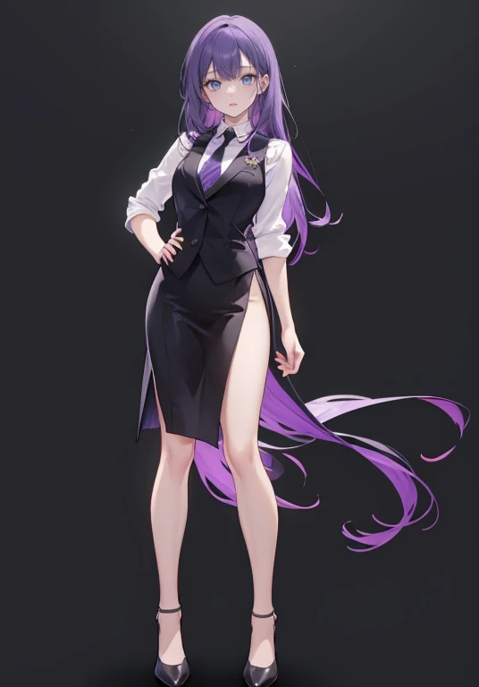 ((Perfect Face)),Purple Hair,voluminous long hair,1 female,bartender,suit,Black vest,Shirt with rolled up sleeves,tie,slit,High heels,,((Simple Background)),smile,((Full Body)),((full body)),Character portrait,VTuber,upright,,Both arms are down,Standing upright with face and body facing forward,