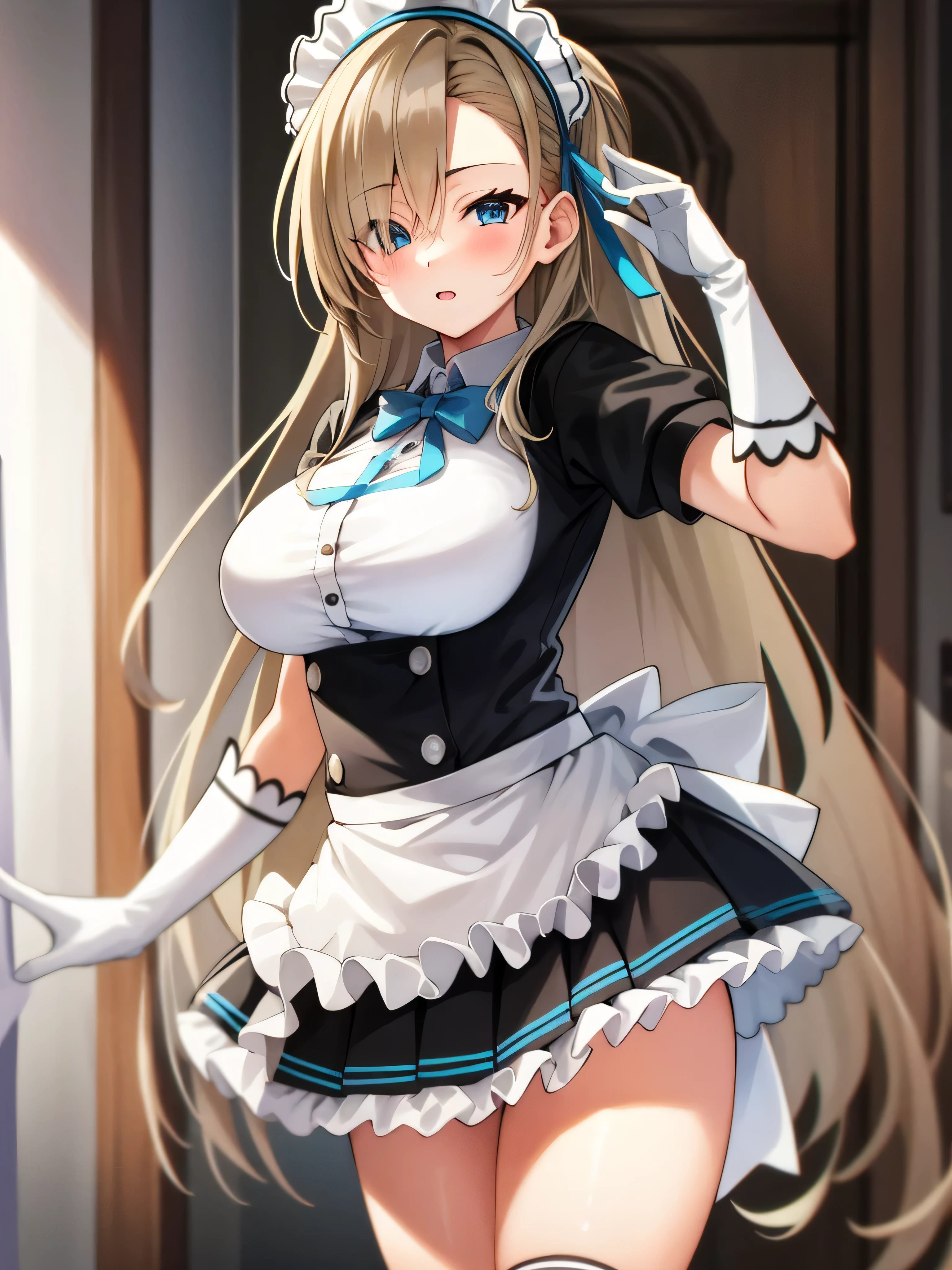 (High resolution), (Absurd), (最high quality), (high quality), (masterpiece), One girl, Asuna, blue eyes, Long Hair, Hello, Hair on one eye, very Long Hair, Light brown hair, (big breasts), Hair Ribbon, Maid, Maid headdress, apron, Frills, frilled apron, Puffy sleeves, Short sleeve, White gloves, White knee socks, Put your arms behind your back, View your viewers,