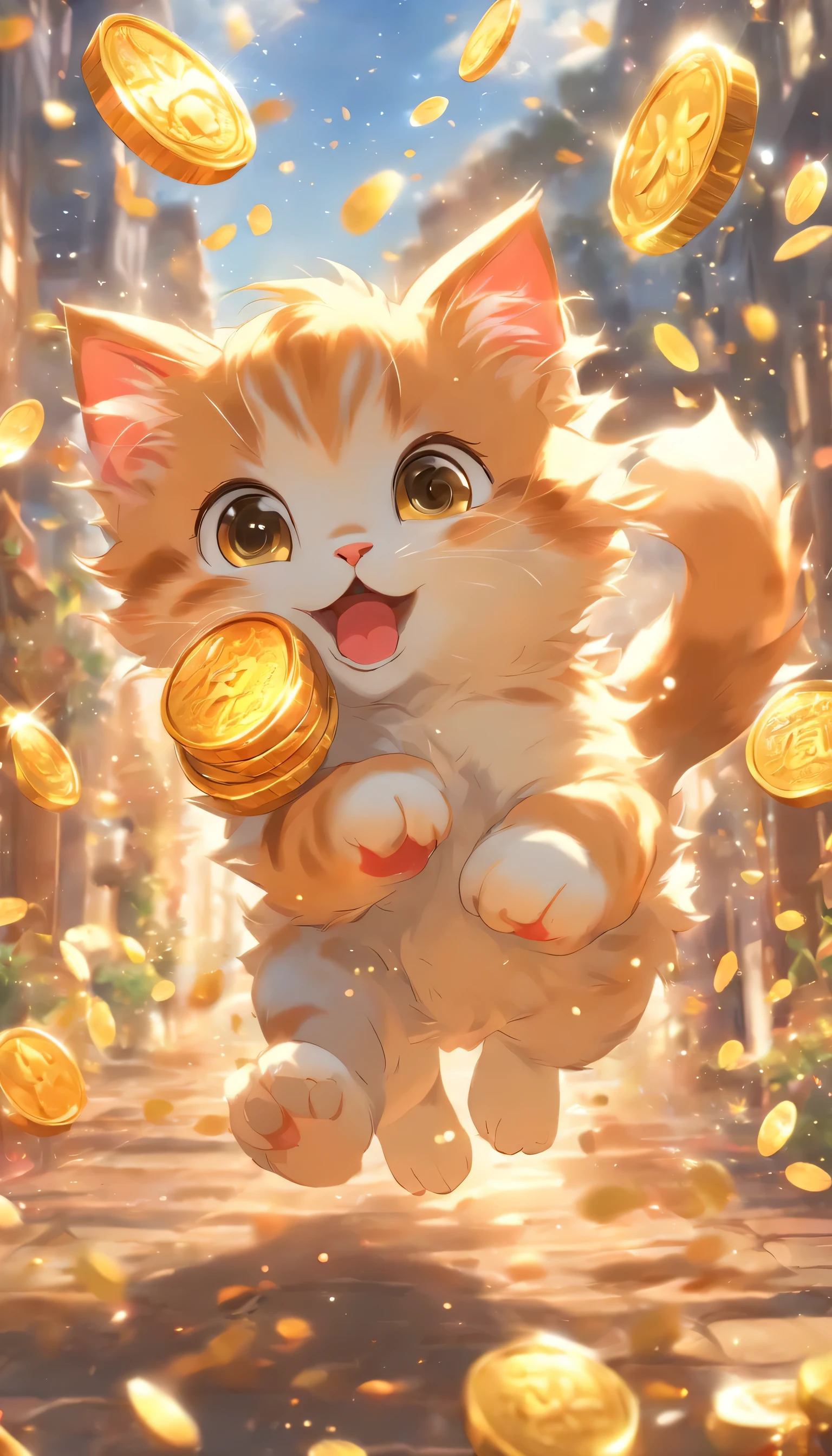 A cute kitten,The round eyes are playing with it, Holding a cornucopia in hand,Collect gold coins falling from the sky