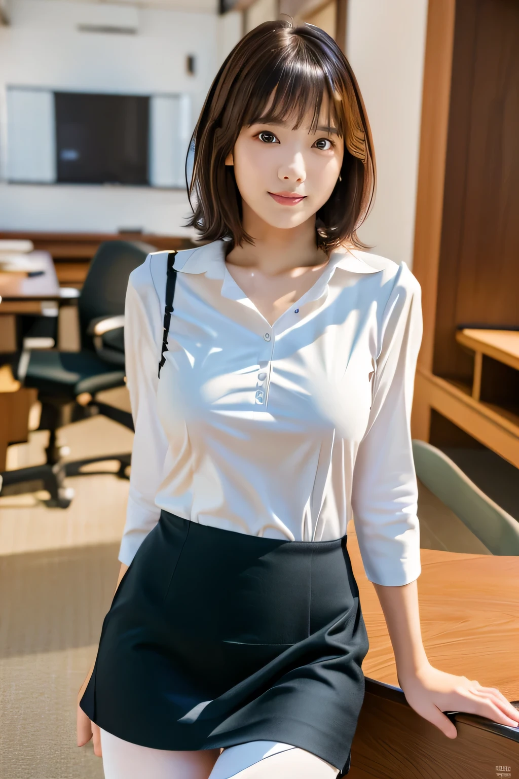 masterpiece, highest quality, Realistic, Very detailed, finely, High resolution, 8k wallpaper, Professional, High level of detail, ((One 18 year old girl:1.2)), Slender Japanese women,cute lips, Collarbone Detail, Center of chest、Perfect Face, (Short Bob Hair:1.5), Chestnut Hair、cute face、Perfect Professional Potion、((Complete head-to-toe coverage:1.5)、(8k、RAW Photos、highest quality、masterpiece:1.2)、Character Focus、perfect cute girl、cute、(Small face)、A kind smile、Shiny skin、(Beautiful leg lines)、Narrow waist、Big Breasts、Beautiful breasts、(Blouse on bare skin、Pencil Skirt、Black Stockings:1.2)、High heels、Clear Skin、High transparency、(Slender and beautiful girl)、(Shiny)、View your viewers、Beautiful thighs、office interior、Bokeh、