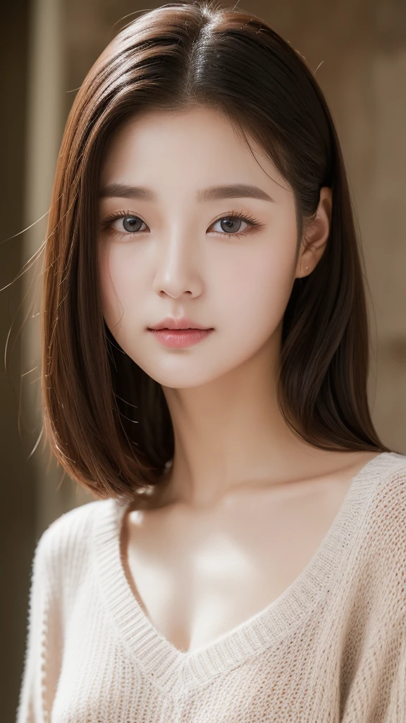 Realistic photos of cute Korean stars, I slicked my hair back., White skin, Her chest size is 32 inches, Wear a sweater, In a stone house, Close-up portrait, Ultra-high resolution