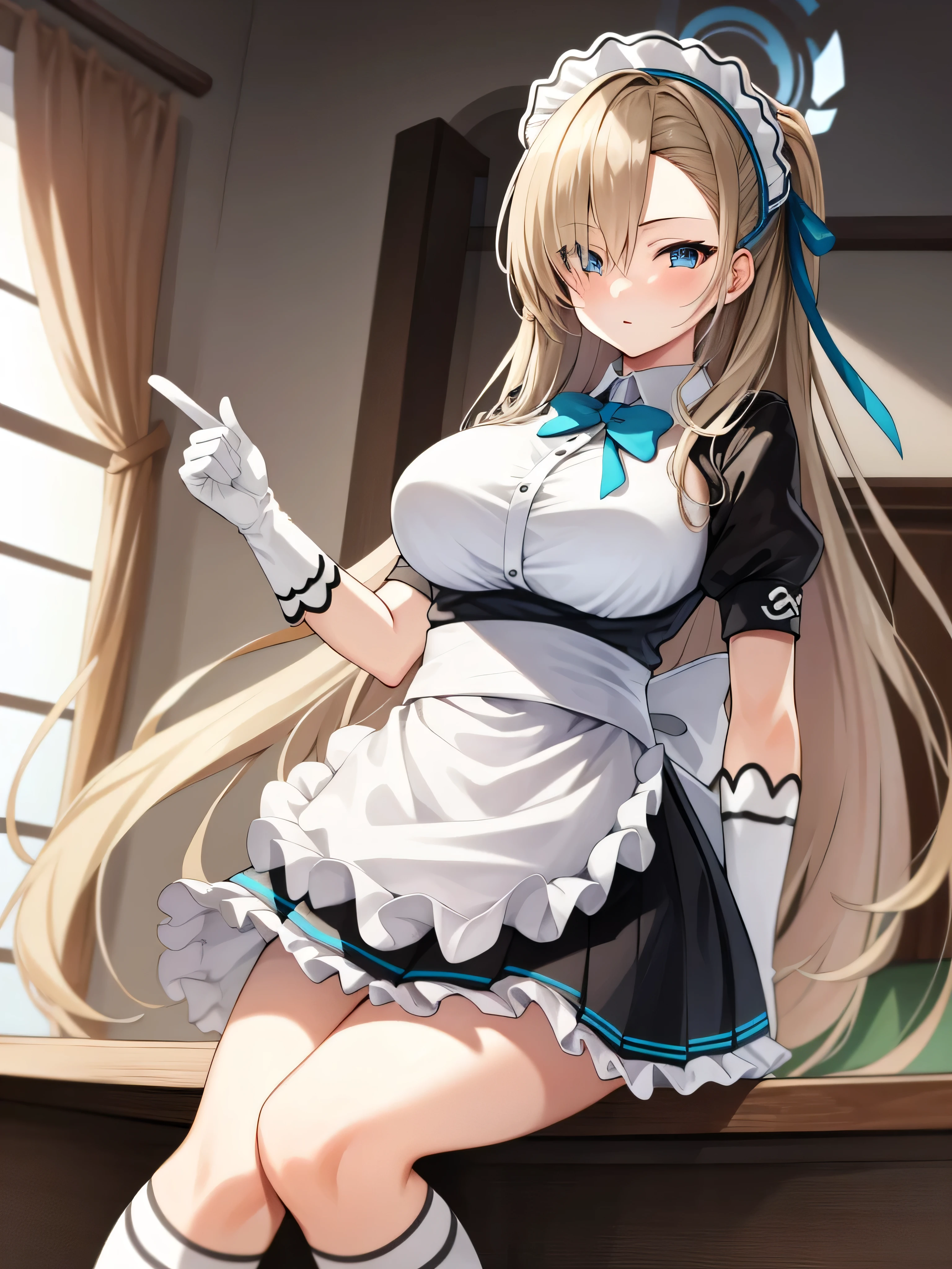 1girl, solo, asuna, long hair, large breasts, cleavage, thighs, smiling, (maid outfit), cafe background