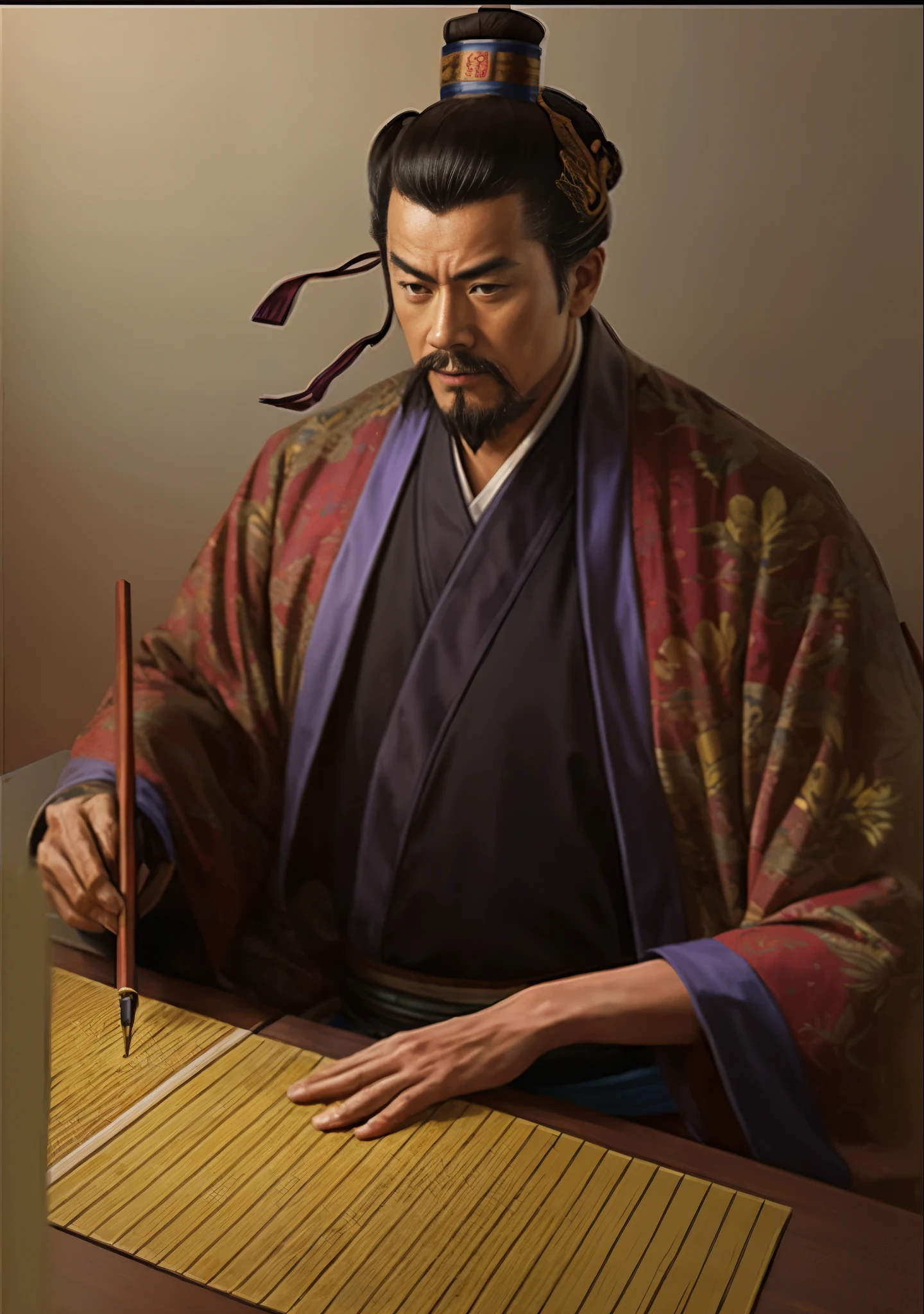 The painting shows a man in kimono sitting at a table and writing., inspired by Wu Daozi, inspired by Cao Zhibai, Shikanosuke Yagaki, inspired by Wu Zuoren, Hijikata Toushiro, Miyamoto Musashi, Inspired by Zhu Derun, g liulian art style, Taisho Rome
