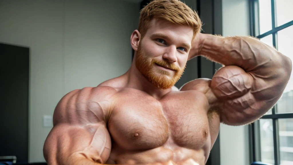 (perfect man:1.5), ginger, slight beard, hairy, vascular, realistic, flexing and showing off biceps, muscle god, flirting, soft smile, (extremely muscular:1.8), high definition body, sharp focus on body and face, David Marchante