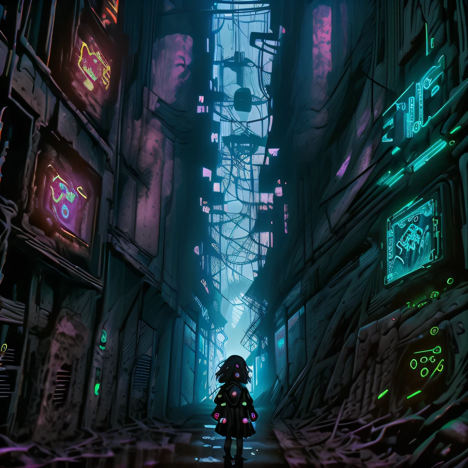 A girl wanders through strange ruins of buildings and glowing technology 