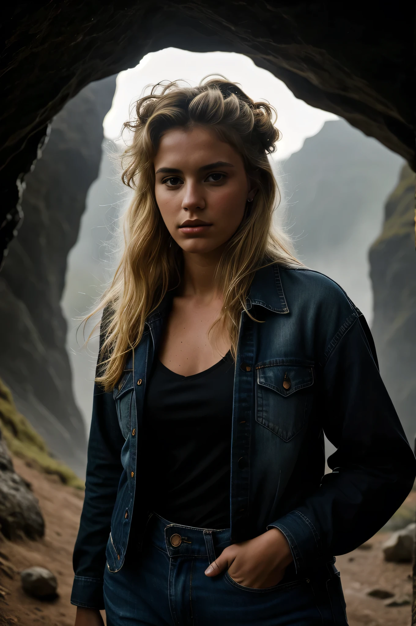 Photo of a woman, (Troubled expression), textured skin, goosebumps, Blonde Afro Hairstyle, Plaid flannel shirt with ripped jeans, Cowboy shooting, Dark and mysterious cave,With unique rock formations and hidden wonders, Perfect eyes, (candela,Chiaroscuro), 160 color bracket, Shot with the ARRI ALEXA 65, Bokeh, Focus on the topic, Photo by Don McCullin