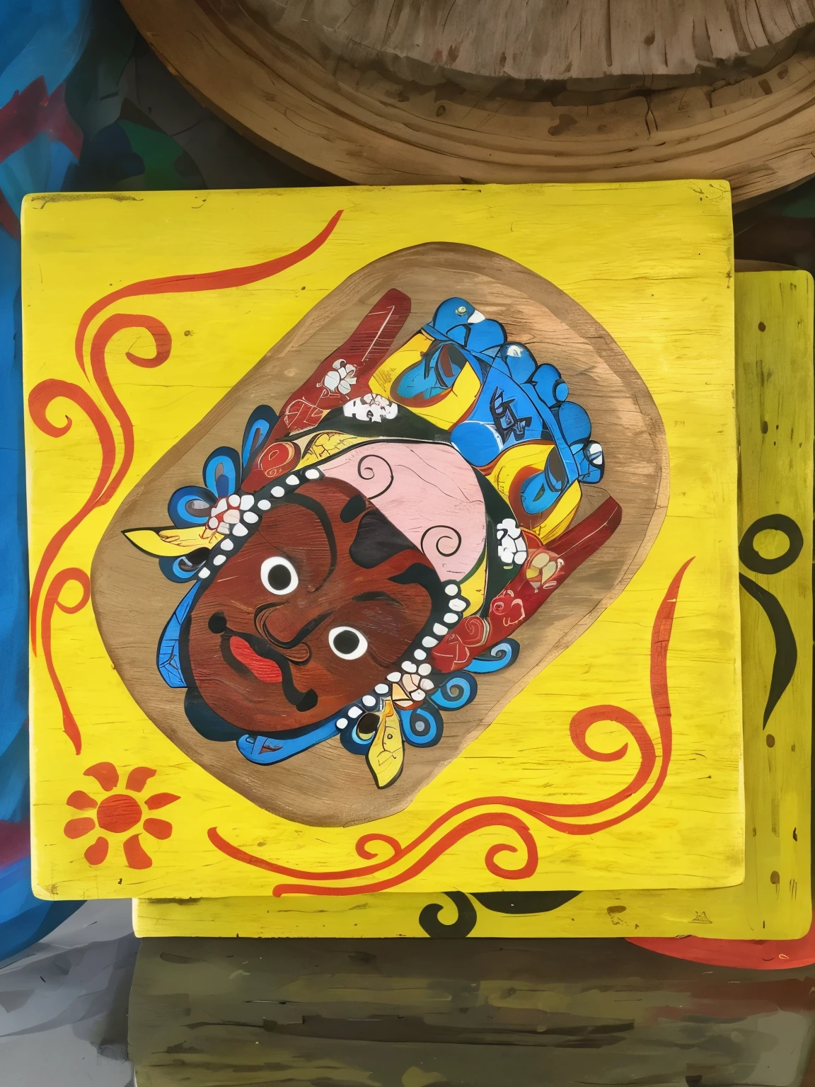 Colorful faces on wooden sign, Hand Painted, Traditional folk art style, Hand Painted, Hand Painted, Chinese folk art, Hand Painted, Tempera painting on wood, Wooden Jagannath Face, Local art, On wooden plate, number, Color woodcut,