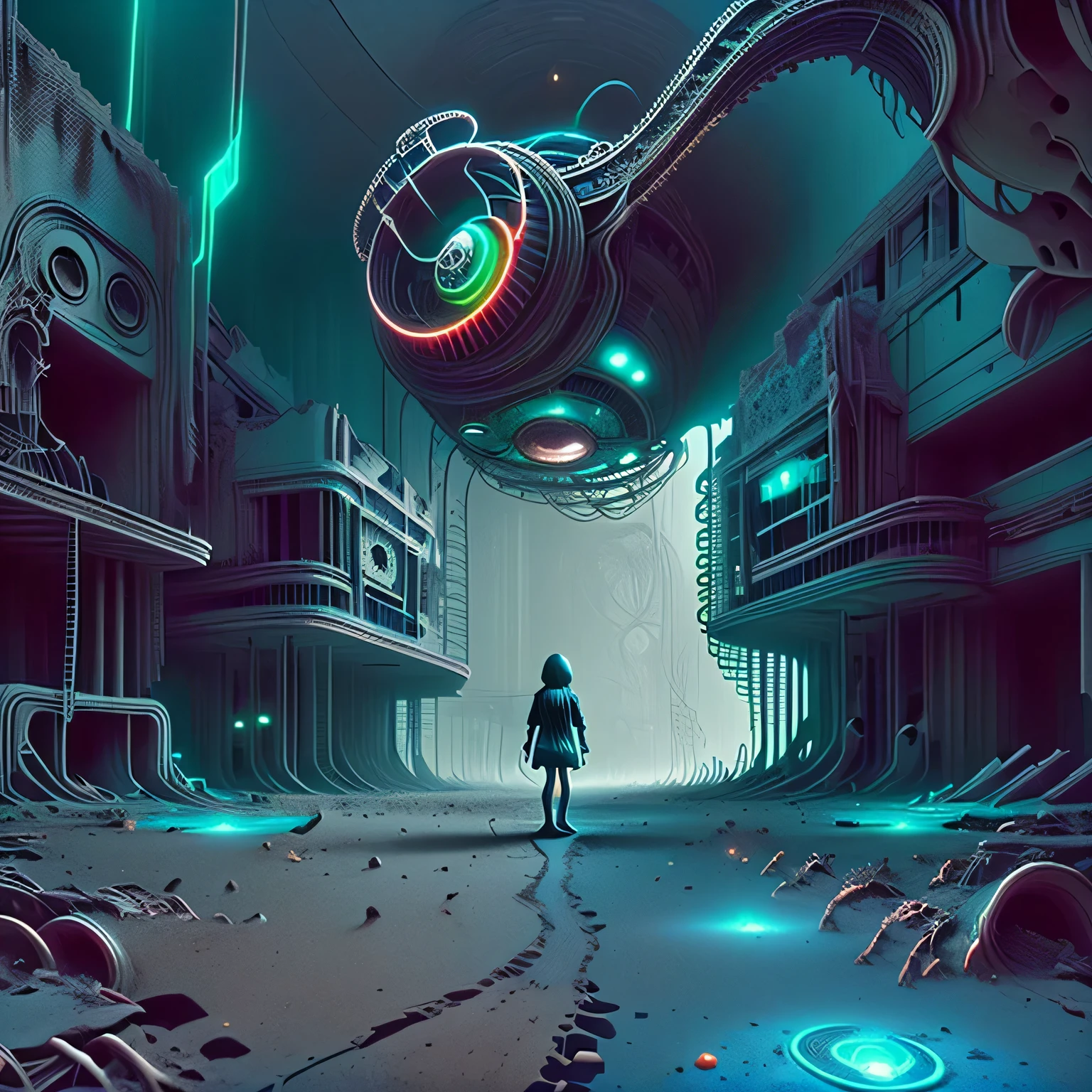 A girl wanders through strange ruins of buildings and glowing technology 