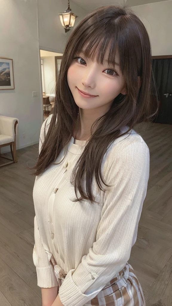 masterpiece, highest quality, High resolution,Ultra-detailed, Stunningly beautiful woman,8k wall,one girl, (a beauty girl, delicate girl:1.3), (21 years old:1.5), break, (Checked casual dress:1.3), break, Extremely fine grain definition, (Symmetrical eyes:1.3), break, (Ranches in Hokkaido:1.3), break, Small breasts, Brown eyes, Parted bangs, brown hair, girl, break, (Eye and facial details:1.3),A cheerful smile, (Ranches in Hokkaido:1.3), prairie