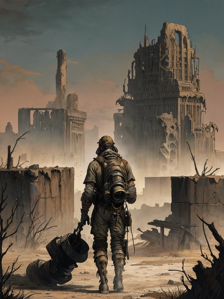 Envision a post-apocalyptic scene. The ruins of formerly grand structures pepper the landscape, toward which a lone figure journeys. This figure, a rugged explorer dressed in worn-out, functional attire, carries a weathered backpack full of survival gear. His face is hidden behind a gas mask, hinting at the toxic air around. In the backdrop, a gloomy, dust-laden sky hangs low, casting long shadows. The explorer's presence hints not only at the human will to survive but also the constant search for relics of a bygone era, indications of lost civilization. A ceaseless hum of strange, unseen wildlife echoes in the distance, giving life to the desolate landscape.