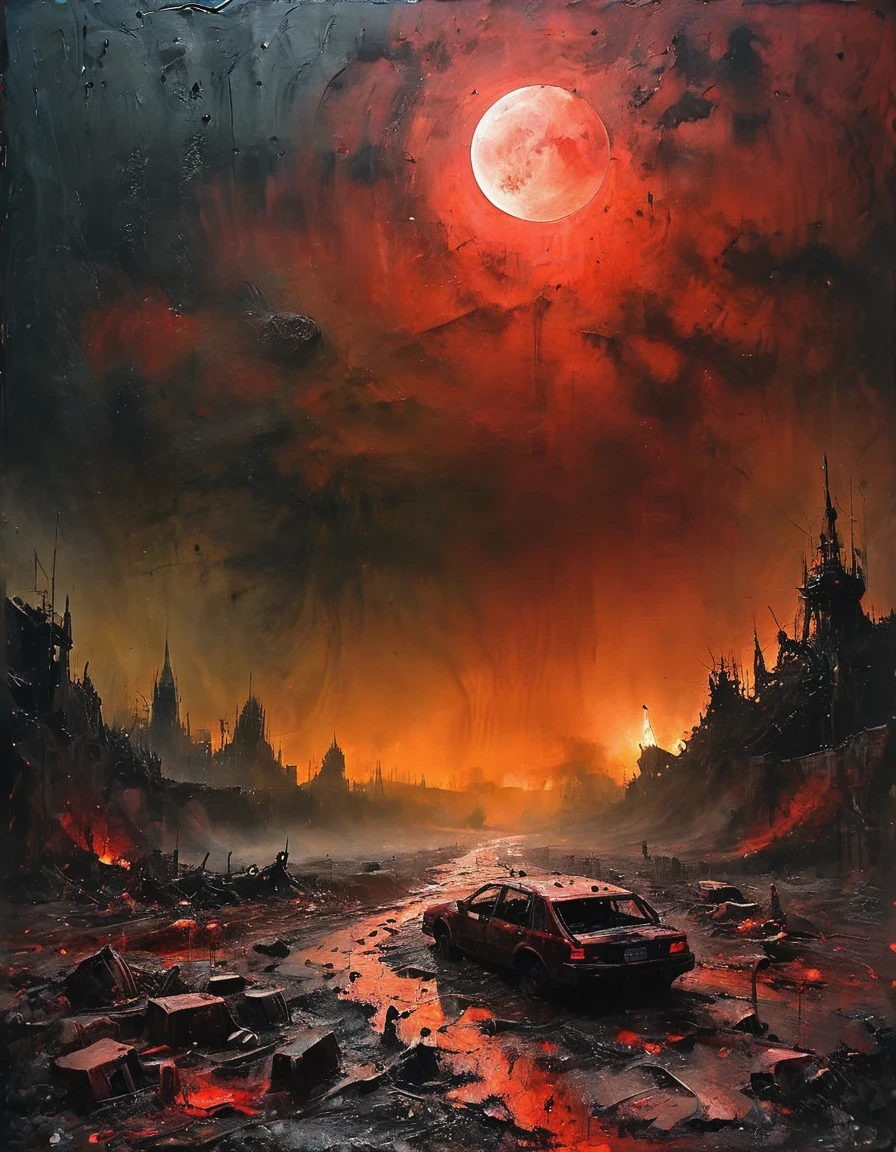 in style of Mark Lague,in style of Beeple,in style of Ian McQue,Latter-day rough soil,(The skinny disaster victims in ragged clothes with half their faces covered),(underwear rain:1.37),(The dark sky is raining sulfuric acid:1.3)),(Sulfuric acid rain),(Dark red moon sky),The sudden disaster left the earth devastated,Species mutate,Food became scarce,The desolation and ruin after the disaster,The living environment is extremely harsh,Dilapidated and ugly scenes can be seen everywhere。The whole area was lit up with fire,(background:Dark red moon sky is raining Sulfuric acid rain:1.3),Detailed details,Ultra high quality,Ultra Detailed,Epic graphics,The art of math,future,Science Fiction,Asymmetry,