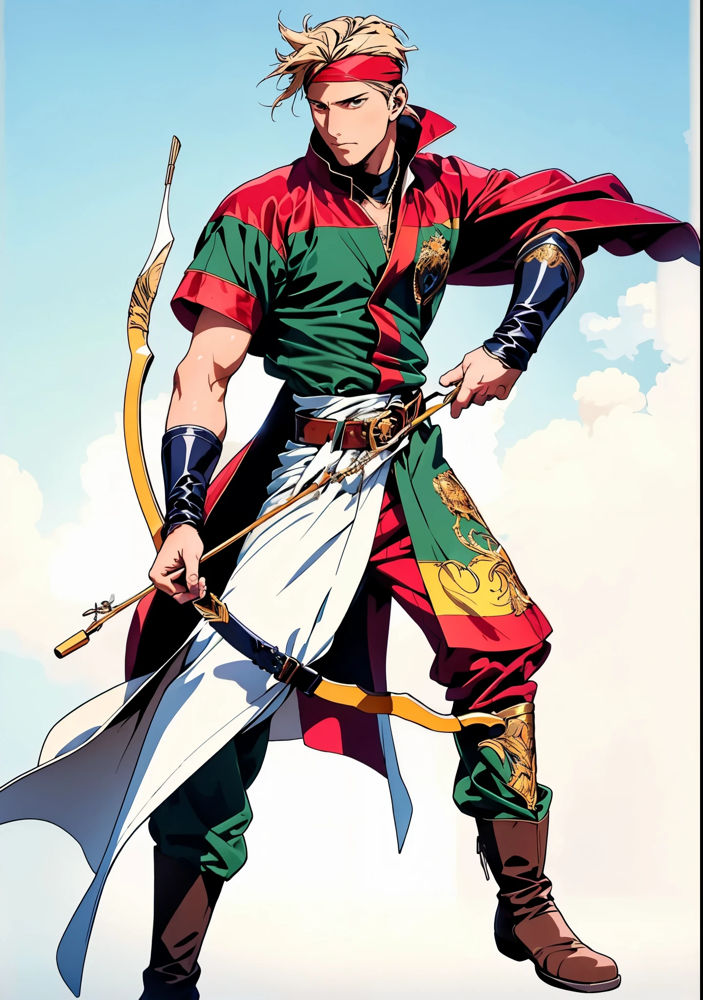 A young man with messy sky-blue short hair, a headband tied around his forehead, handsome face, calm expression, a fantasy-style short-sleeved robe coat with a unique half-side design, a green undershirt underneath, an archer's wrist guard, a cloth belt, coarse cloth trousers, leather boots, standing in a shooting stance, holding a longbow and drawing an arrow, overlooking the city from above, this character embodies a finely crafted fantasy-style archer in anime style, exquisite and mature manga art style, high definition, best quality, highres, ultra-detailed, ultra-fine painting, extremely delicate, professional, perfect body proportions, golden ratio, anatomically correct, symmetrical face, extremely detailed eyes and face, high quality eyes, creativity, RAW photo, UHD, 32k, Natural light, cinematic lighting, masterpiece-anatomy-perfect, masterpiece:1.5