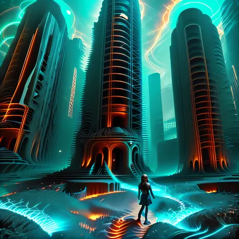 a girl wanders through strange ruins of buildings and glowing technology