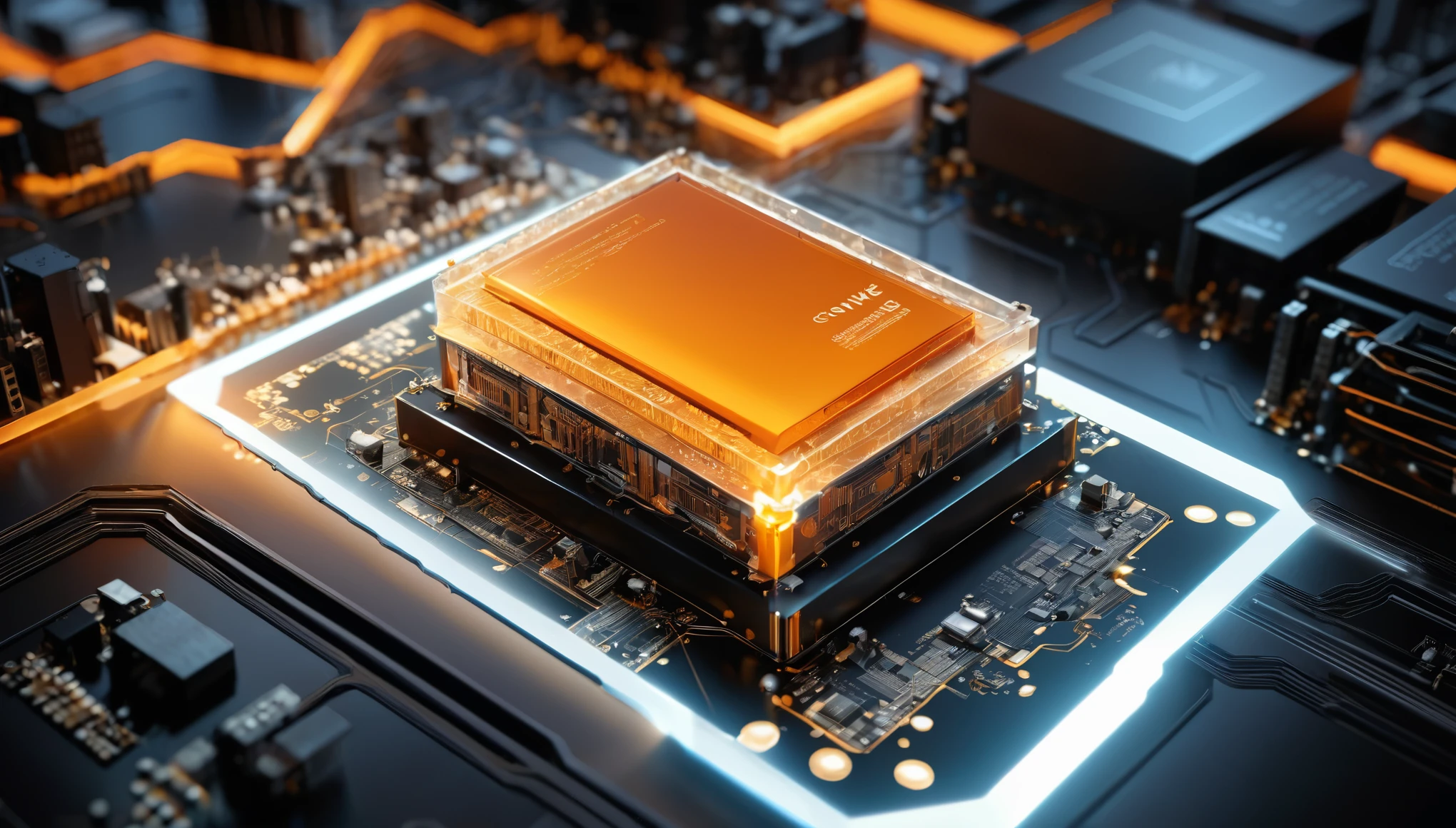orange tint,chip,Product Close-up,Close-up of the Photogram,Movie Rendering,C4D,High-speed flow,3d,ultra-high definition texture details,integrated circuit,cou,network,data stream,Special effect,(The emitted light converges in the middle:1.5),container_architecture