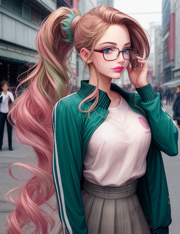 Urban beautiful girl college student, masterpiece, light makeup, pink lips, green hair, messy long hair, street background, beautiful, elegant. super fine details, master works, authentic texture, cinematic lighting realism, perfect job, 16K, hd, exquisite features,blue eyes、japanese idol、Beautiful Face、cute smile,、brown hair、beautiful hair、ponytail、glamorous,baseball jacket, wearing glasses,shy expresion