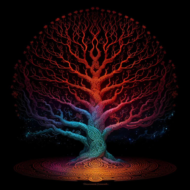 Craft an image of a Mythological Knowledge Tree, blending artistic elements that capture the essence of ancient myths. Picture roots that intertwine like serpents, embodying the serpentine threads of mythology. The trunk, adorned with motifs reminiscent of ancient scrolls, symbolizes the wisdom held within psychological realms. The branches, adorned with ethereal hues inspired by mythic tales, reach towards the celestial, embodying the spiritual aspirations. Infuse the entire composition with mythical colors, invoking the richness and vibrancy found in legendary tales. This artwork should be a testament to the intricate intertwining of mythology, psychology, and spirituality within the branches of the Knowledge Tree. Put a space background as well 