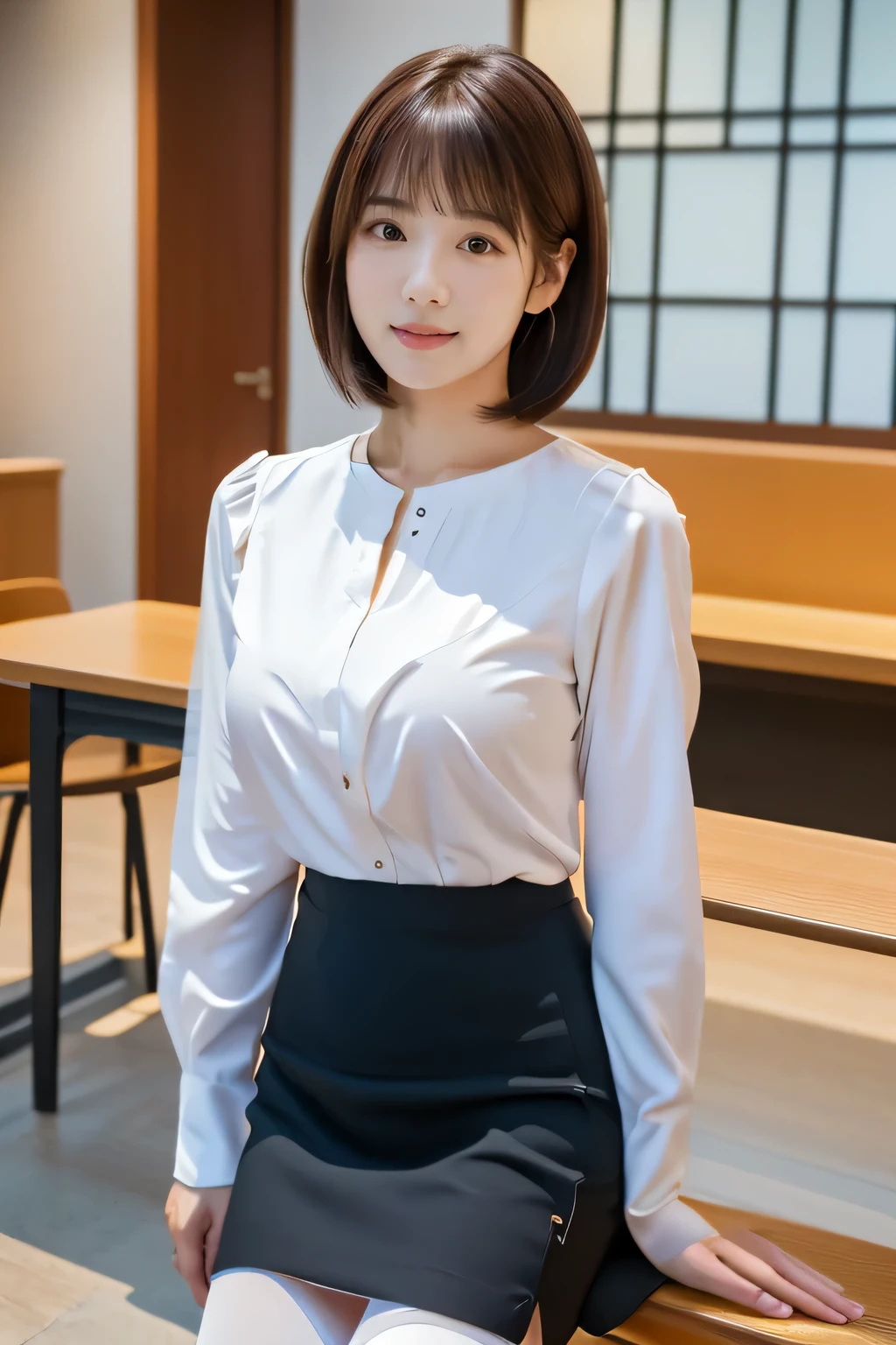 masterpiece, highest quality, Realistic, Very detailed, finely, High resolution, 8k wallpaper, Professional, High level of detail, ((One 18 year old girl:1.2)), Slender Japanese women,cute lips, Collarbone Detail, Center of chest、Perfect Face, (Short Bob Hair:1.5), Chestnut Hair、cute face、Perfect Professional Potion、((Complete head-to-toe coverage:1.5)、(8k、RAW Photos、highest quality、masterpiece:1.2)、Character Focus、perfect cute girl、cute、(Small face)、A kind smile、Shiny skin、(Beautiful leg lines)、Narrow waist、Big Breasts、Beautiful breasts、(Blouse on bare skin、Pencil Skirt、Black Stockings:1.2)、High heels、Clear Skin、High transparency、(Slender and beautiful girl)、(Shiny)、View your viewers、Beautiful thighs、office interior、Bokeh、