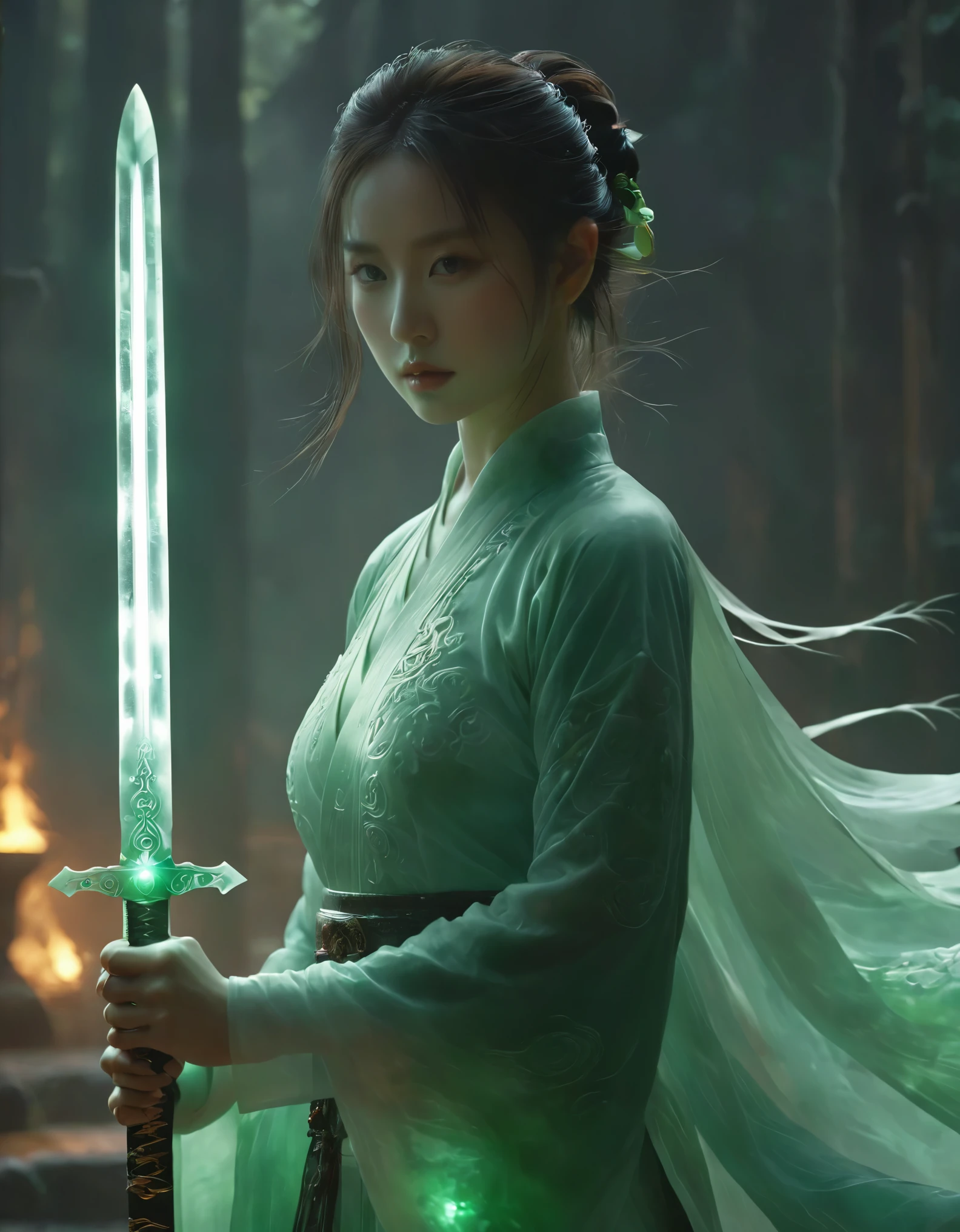 1beautiful girl,  solo，female swordman，Hold the hilt of a sword in your hand，The jade blade glows，front view, fullbody， ((Best quality)), ((Masterpiece)), ((Realistic))，UHD，