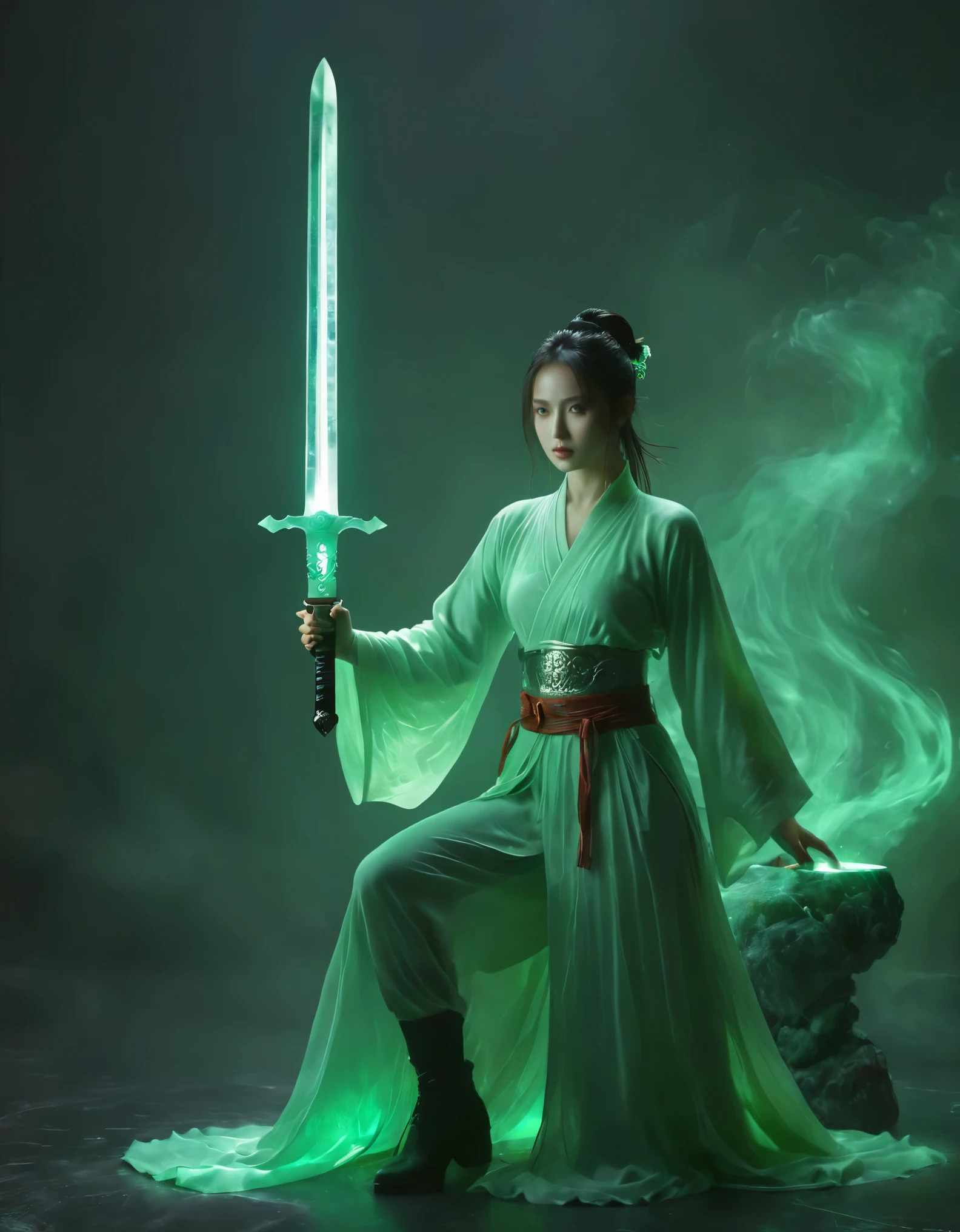 1beautiful girl,  solo，female swordman，Hold the hilt of a sword in your hand，The jade blade glows，front view, fullbody， ((Best quality)), ((Masterpiece)), ((Realistic))，UHD，