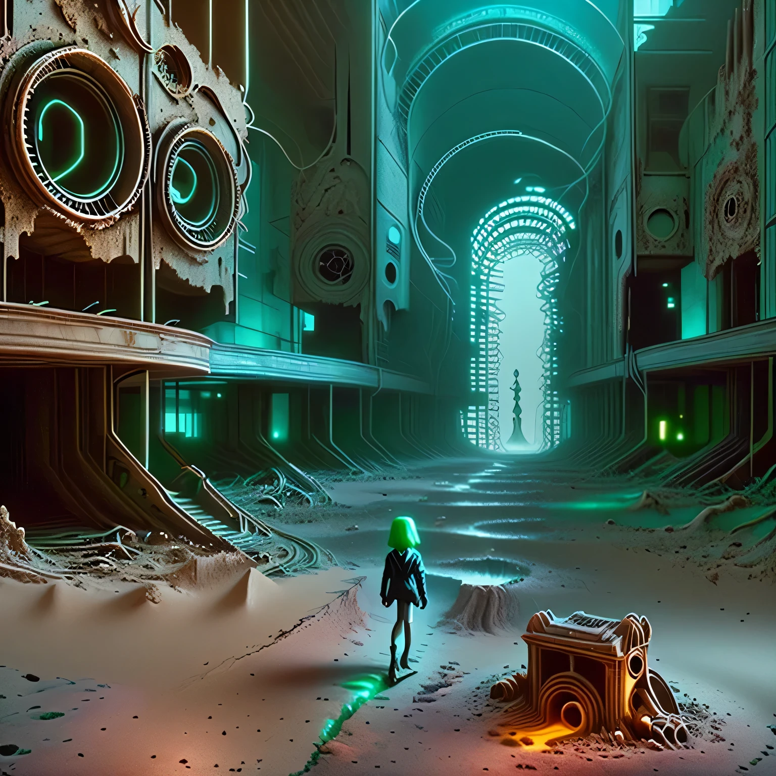 A girl wanders through strange ruins of buildings and glowing technology 