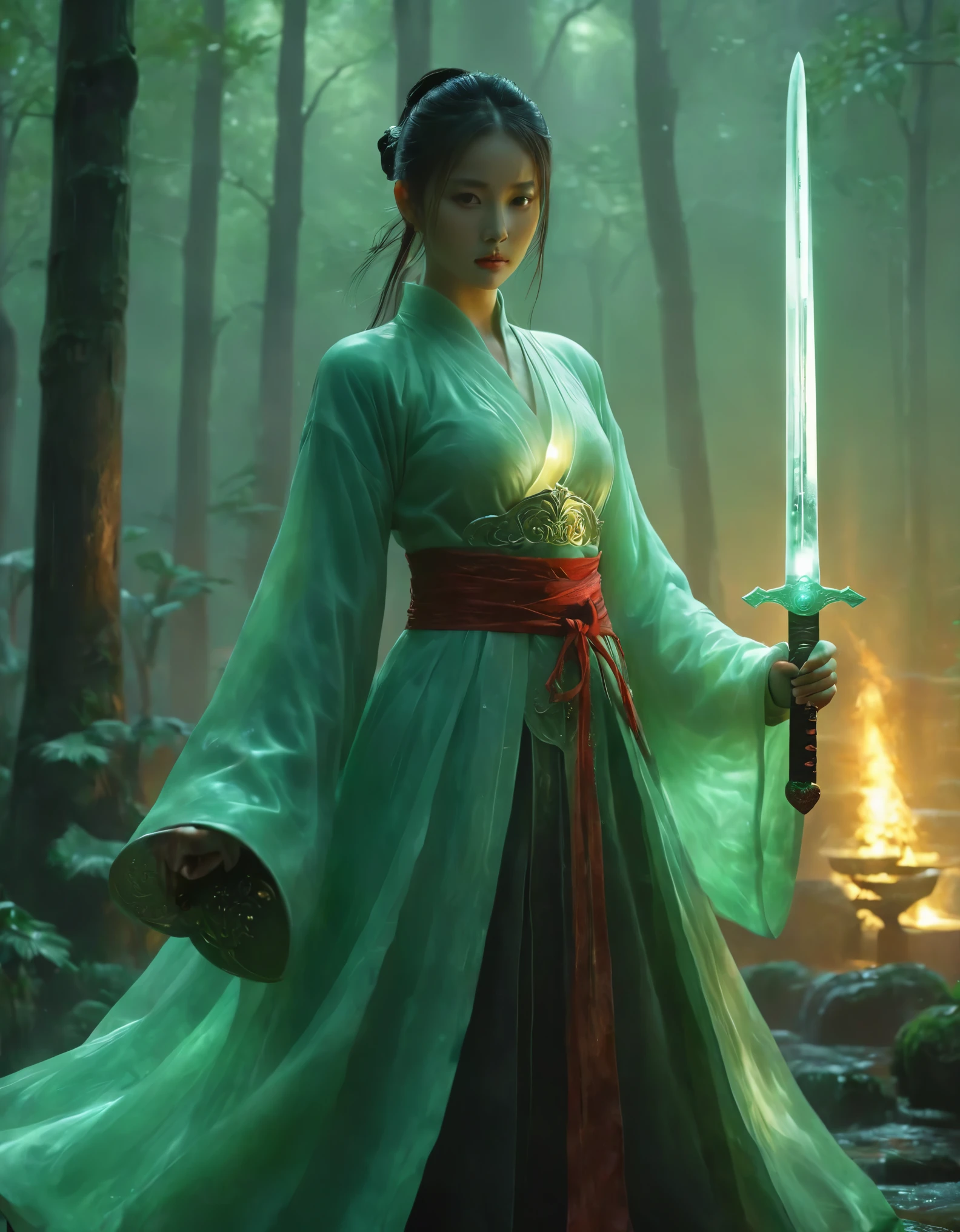 1beautiful girl, solo,female swordman,Hold the hilt of a sword in your hand,The jade blade glows,front view, fullbody, ((Best quality)), ((Masterpiece)), ((Realistic)),UHD,