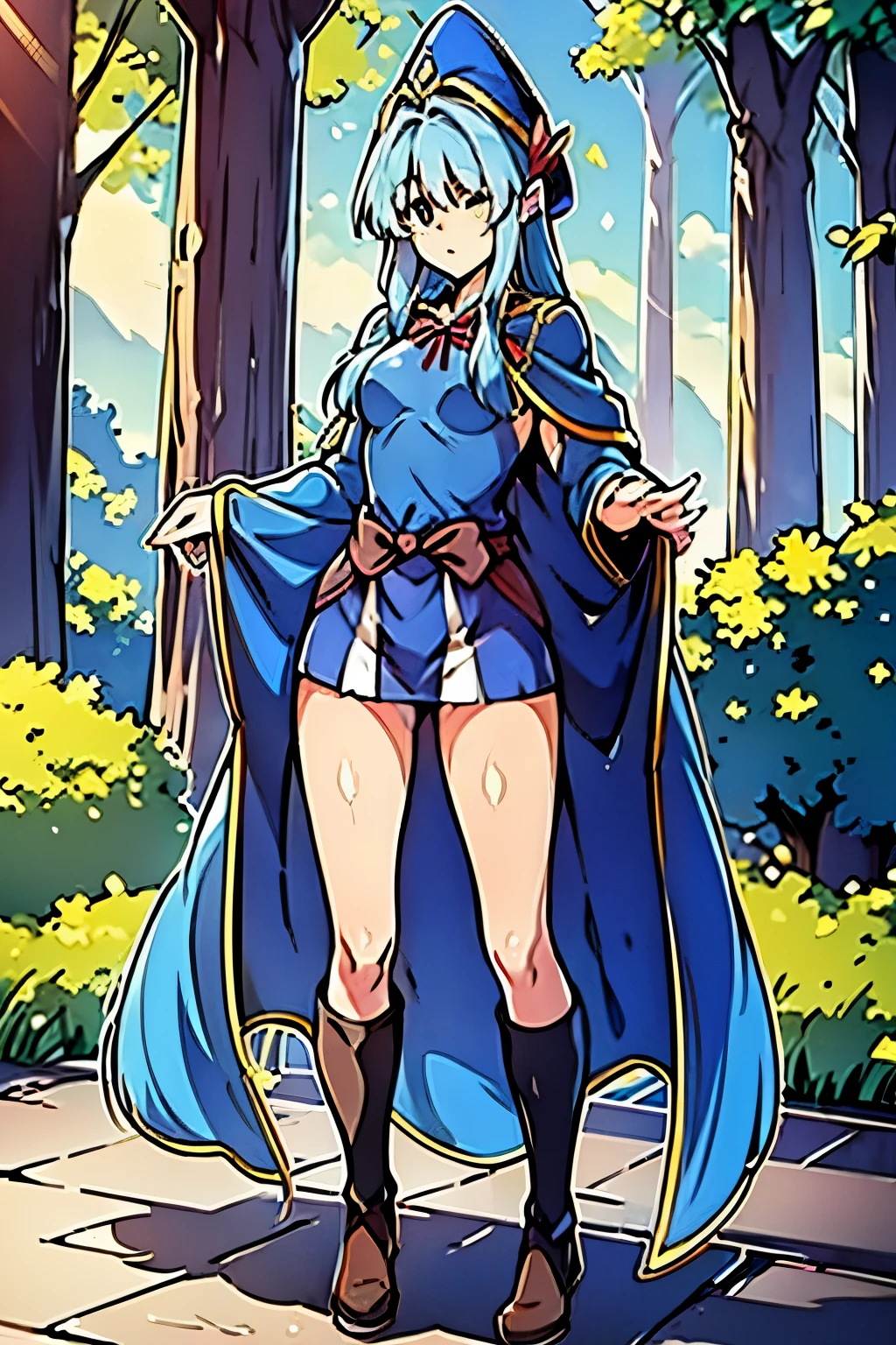 girl, discreet outfits, one character, blue T-shirt, green long hair, blue fantasy clothes with red trim, small breasts, magician, cloak, blue witch hat, brown leather boots, blue uniform skirt, Red ribbon wrapped around the waist, highest hand quality, highest finger quality
