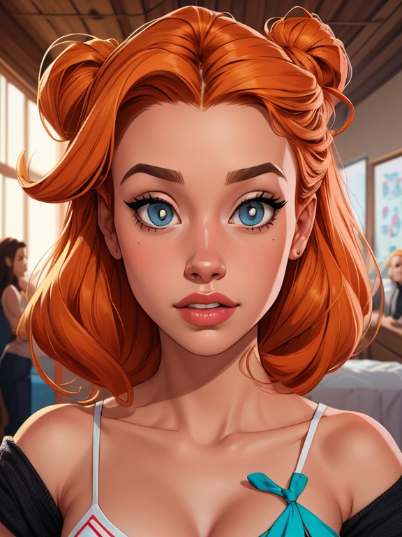Beautiful portrait mode pose Cartoon character in dynamic pose two women together Jenna Ortega wandinha Adamms om 1,60cm on the left and along with a symmetrical body and beautiful breasts, corpo bem definido, delicado e sensual, estilo de desenho animado, digital illustration Jenna Ortega wandinha Adams Portrait mode