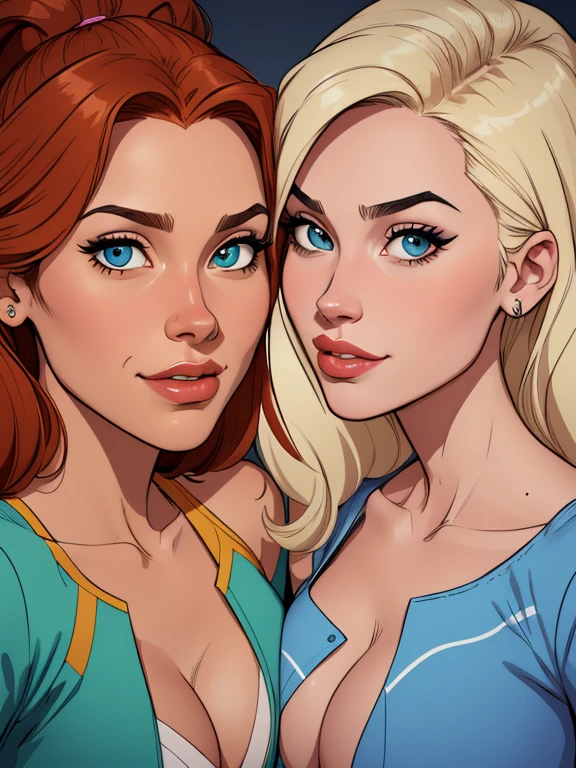 Beautiful portrait mode pose Cartoon character in dynamic pose two women together Jenna Ortega wandinha Adamms om 1,60cm on the left and along with a symmetrical body and beautiful breasts, corpo bem definido, delicado e sensual, estilo de desenho animado, digital illustration Jenna Ortega wandinha Adams Portrait mode
