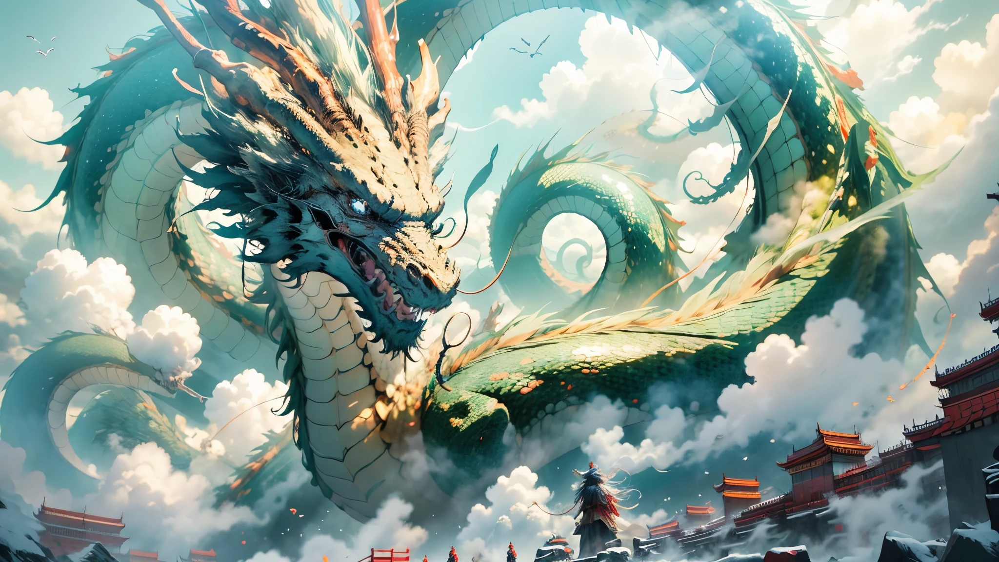 A huge dragon flies over the head, giant fear, vivid posture, dragon scale, dragon claw, dragon head, dragon horn, dragon body, look up, white clouds, clouds, sky, magnificent scene, fantasy scene, perspective, wide-angle lens, Chinese style, China-Chic art, shocking scene, sense of impact, masterpiece, best quality, ultra detailed, fine details, high-level,