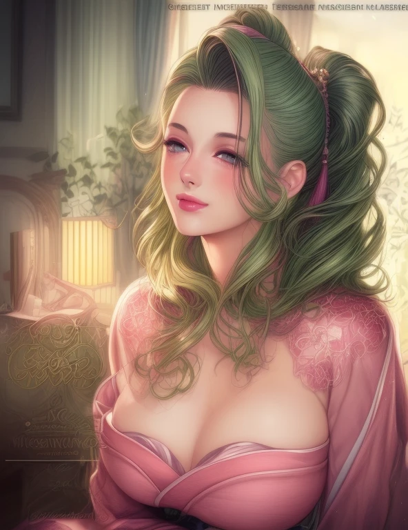 beautiful girl college student, masterpiece, light makeup, pink lips, green hair, messy long hair, , beautiful, elegant. super fine details, master works, authentic texture, cinematic lighting realism, 16K, hd,blue eyes、japanese,Beautiful Face、cute smile,、brown hair、beautiful hair、ponytail、glamorous