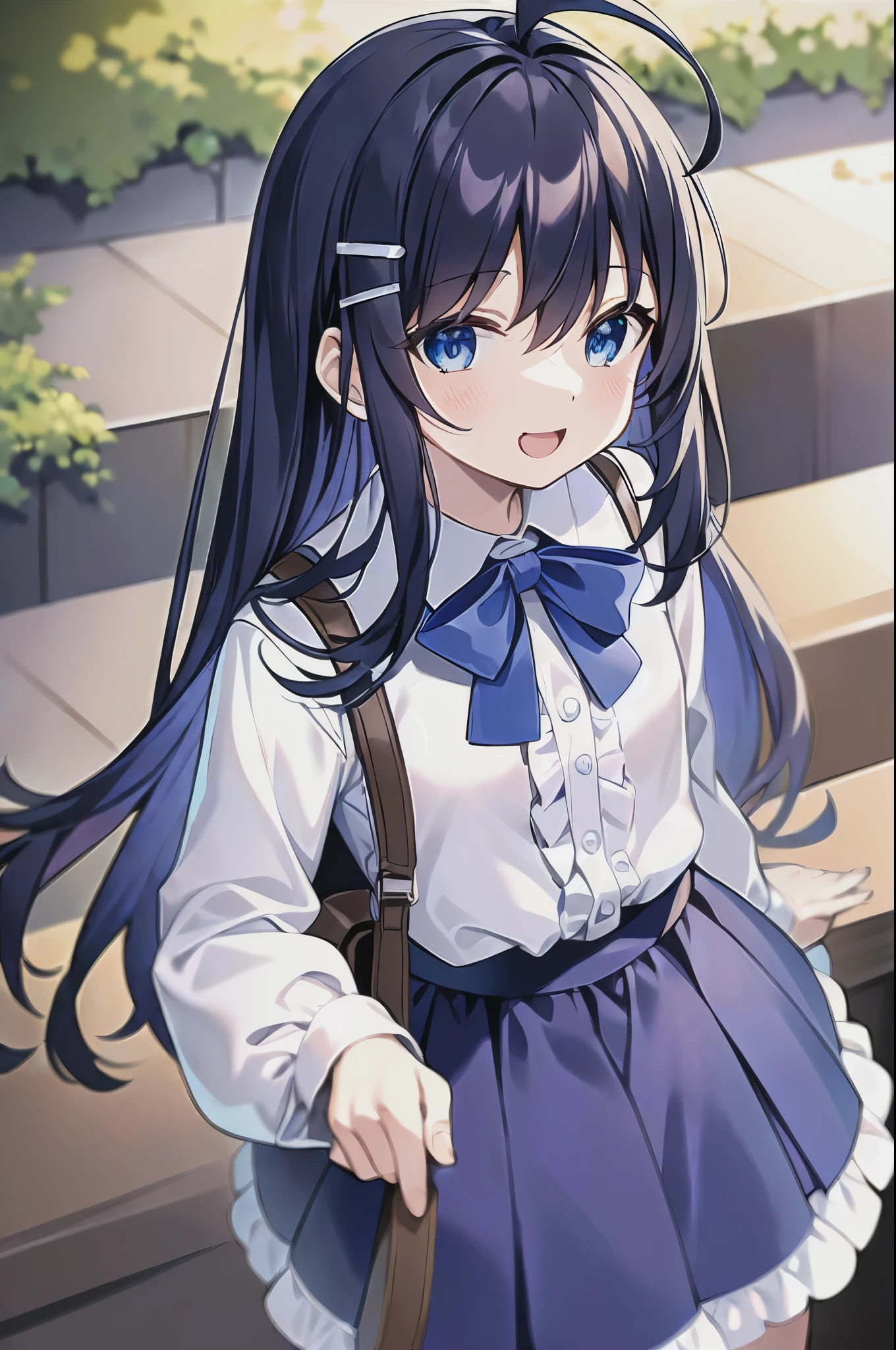 (((masterpiece))) (((highest quality))), (((beautiful))), (((8k))), (((High resolution))), (((Transcendent Technique Illustration))), (1 girl:1.3), (child:1.5), (Lori:1.2), (Dark blue straight long hair:1.3), (very long, Dark blue sideburns), (Very wide parted dark blue bangs:1.3), (Simple hair clip:1.4), (Ahoge:1.4), (Small blue eyes:1.2), (Slightly droopy eyes:1.3), (Super thick sideburns and super long sideburns:1.1), (Ultra-flat chest:1.4), (Very small breasts:1.4), (laughing:1.3), (Very cute white long sleeve blouse with frills:1.3), (A very cute frilled blue checkered pleated skirt.:1.3), (look up:1.6), (Leaning forward:1.6), (Park Trails:1.1), (Cowboy Shot:1.3), (From above:1.4)