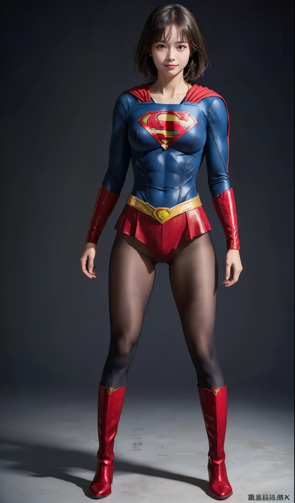 No background、(((Beautiful legs in black tights.)))、(((Legally express the beauty of your smile)))、((((Make the most of your original images)))、(((Supergirl Costume)))、(((beautiful short bob hair)))、(((suffering)))、(((Please wear black tights....、Wear red boots)))、((Best image quality、8K))、((highest quality、8K、masterpiece:1.3))、(((Preserve background )))、Sharp focus:1.2、Beautiful woman with perfect figure:1.4、Thin abdominal muscles:1.2、Wet body:1.5、Highly detailed face and skin texture、8K