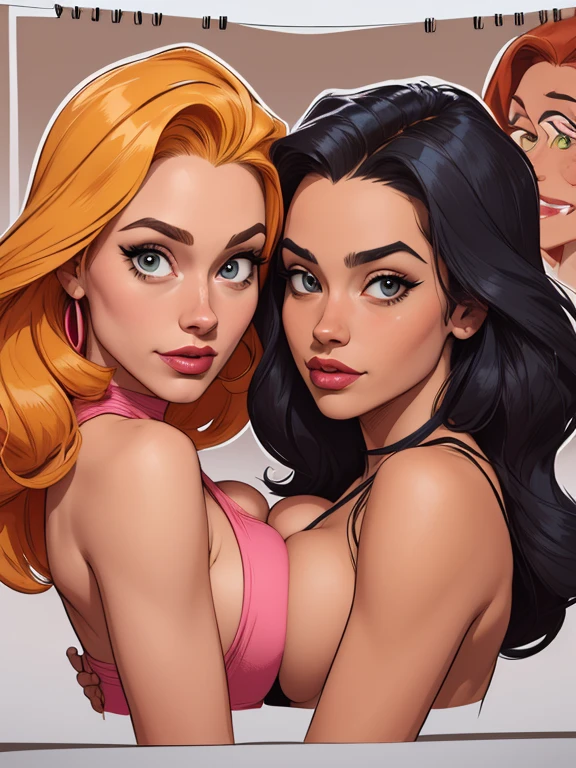 Beautiful portrait mode pose Cartoon character in dynamic pose two women together Jenna Ortega wandinha Adamms om 1,60cm on the left and along with a symmetrical body and beautiful breasts, corpo bem definido, delicado e sensual, estilo de desenho animado, digital illustration Jenna Ortega wandinha Adams Portrait mode 