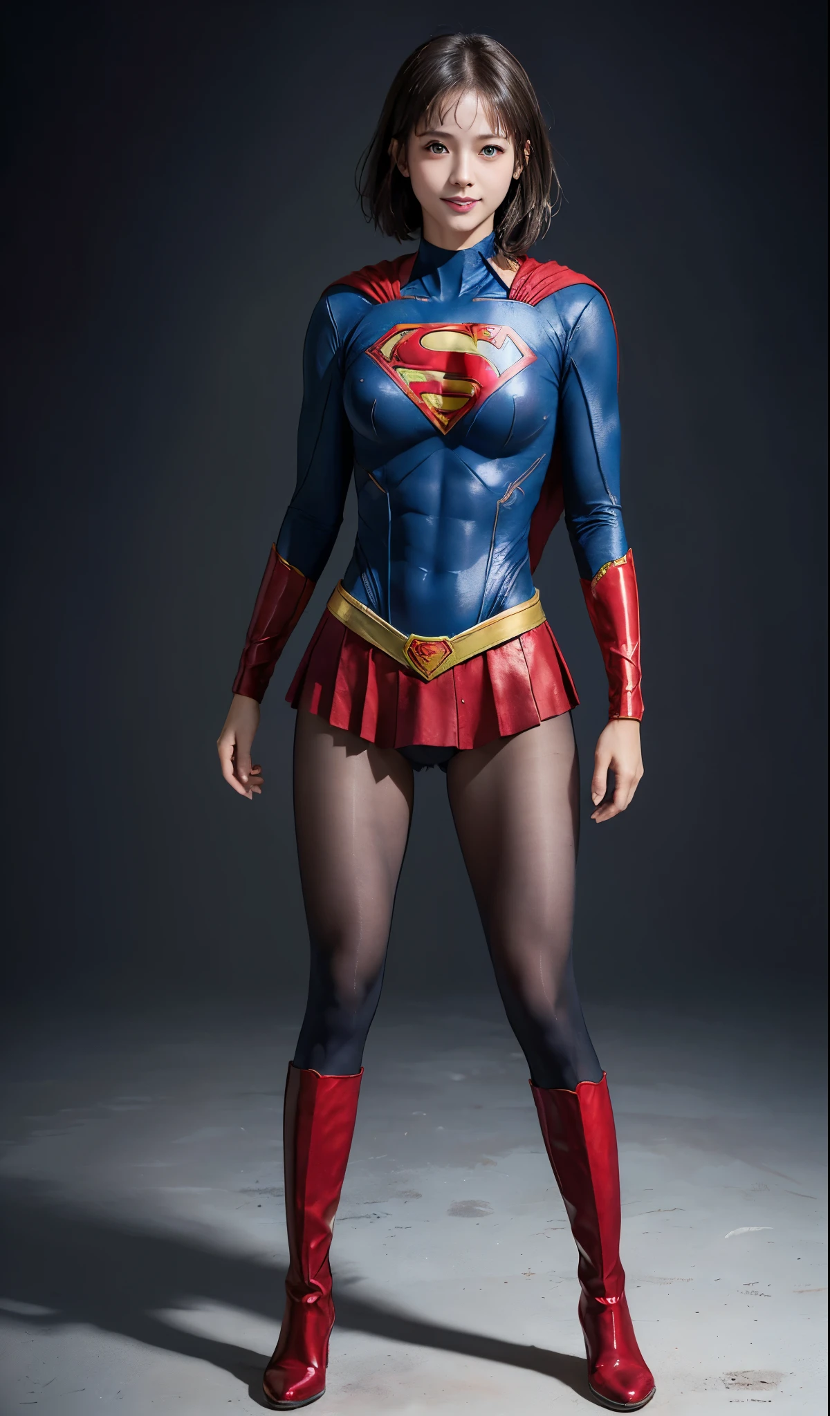 No background、(((Beautiful legs in black tights.)))、(((Legally express the beauty of your smile)))、((((Make the most of your original images)))、(((Supergirl Costume)))、(((beautiful short bob hair)))、(((suffering)))、(((Please wear black tights....、Wear red boots)))、((Best image quality、8K))、((highest quality、8K、masterpiece:1.3))、(((Preserve background )))、Sharp focus:1.2、Beautiful woman with perfect figure:1.4、Thin abdominal muscles:1.2、Wet body:1.5、Highly detailed face and skin texture、8K