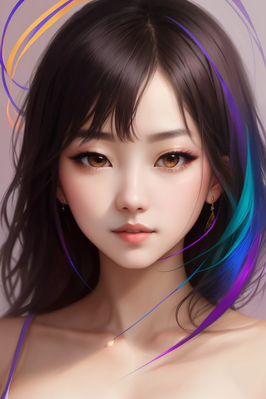_james jean, floating female figure made of ribbons, smoke, in the sky, colorful and vibrant, mystical colors, contemporary impressionism, yanjun cheng portrait painting, iridescent painting, 3/4 perspective view, cute face, low angle, sweeping circling composition, large beautiful crystal eyes, big irises, UHD, HDR, 16K, (Masterpiece:1. 5), (the most beautiful portrait in the world:1.5),Korean Beautiful Girl,Korean Idol Beautiful Girl,Korean dancer,Are thin,Small breasts,Prostitute,high school student,Supermodel,A talented actress,No makeup,sobriety,No lip,Usual charm,Intelligent woman,Small breasts,Are thin,Flat Chest,Small waist,Slim figure,Waist-up portrait,The background is a small park in an ordinary residential area.,
