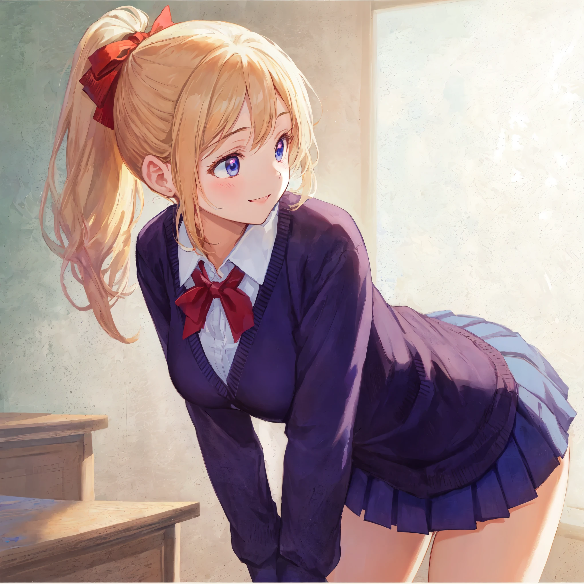 Beautiful illustrations,Looking away,highest quality, smile,pretty girl,brush,leaning forward,Picking up fallen items,blue pleated skirt,classroom,High-quality backgrounds,Slanted Eyes,High quality pink panties,From Behind,Blonde ponytail,{{beautiful large breasts 1:4}},Black cardigan,Red ribbon,Detailed shirt chest wrinkles,{{{high school girl}}},Photoreal 1;4,BREAK,{{beautiful dark blue eye1:4}},BREAK,Five fingers,smile