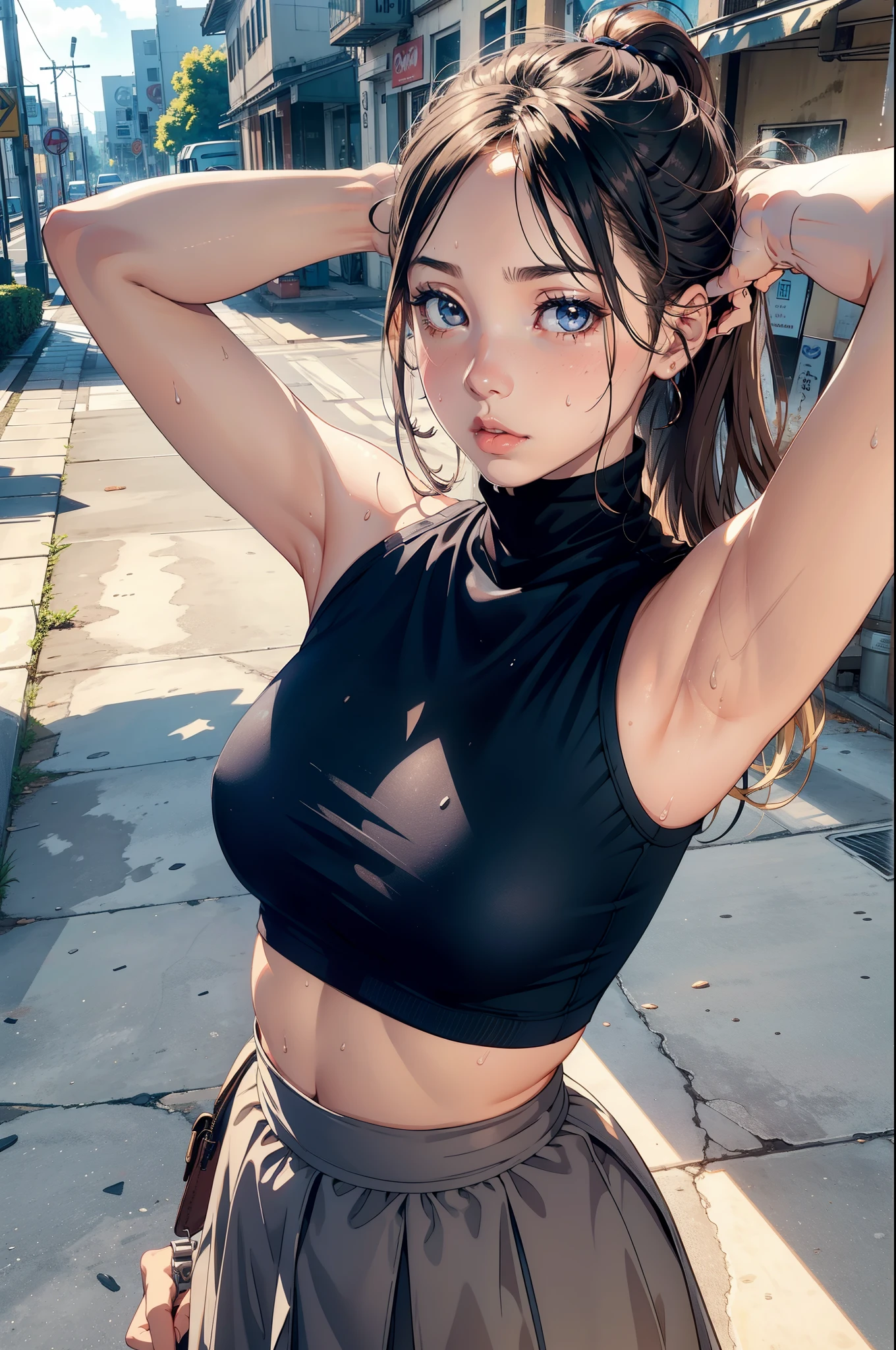 girl, sweat, medium breast, shy, detailed hand, looking at viewer, lips apart, dynamic shadows, transparent clothes